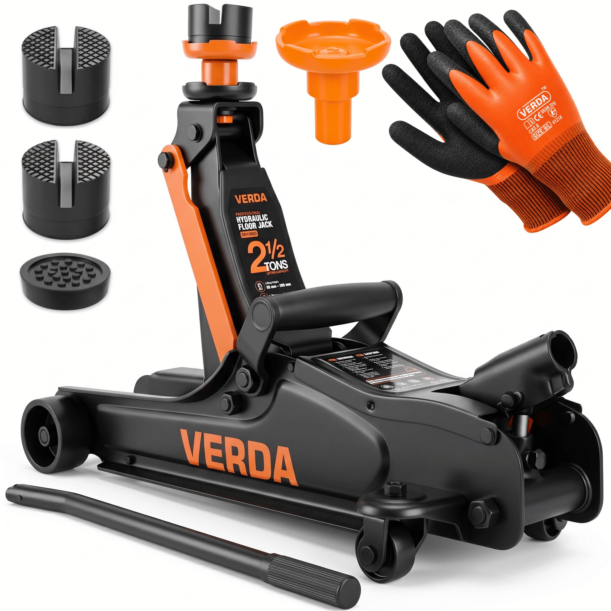 Verda Gato hidráulico de 2,5T, 85-365 mm, 3X goma, mango robusto, gato elevador de maniobra para coches, profesional, soporte, plano, autocaravana, todoterreno, elevador, guantes de trabajo, gato para