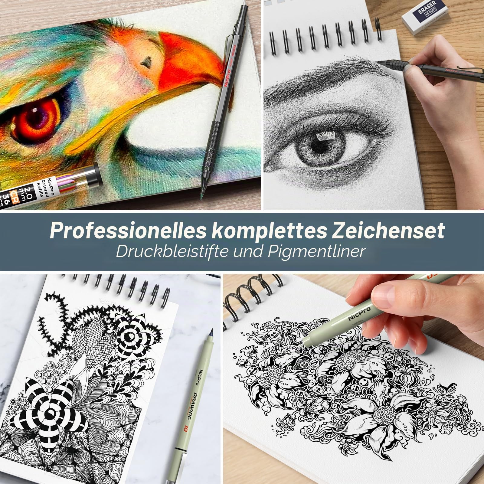 Nicpro 58-teiliges Zeichenset in Lederetui, MP1000 Druckbleistift Set aus schwarzem Metall mit Zeichenbleistift 0,5, 0,7, 0,9 und 2 mm, 12-Mikron-Stift, Skizzenbuch, 30 Minen zum Skizzieren