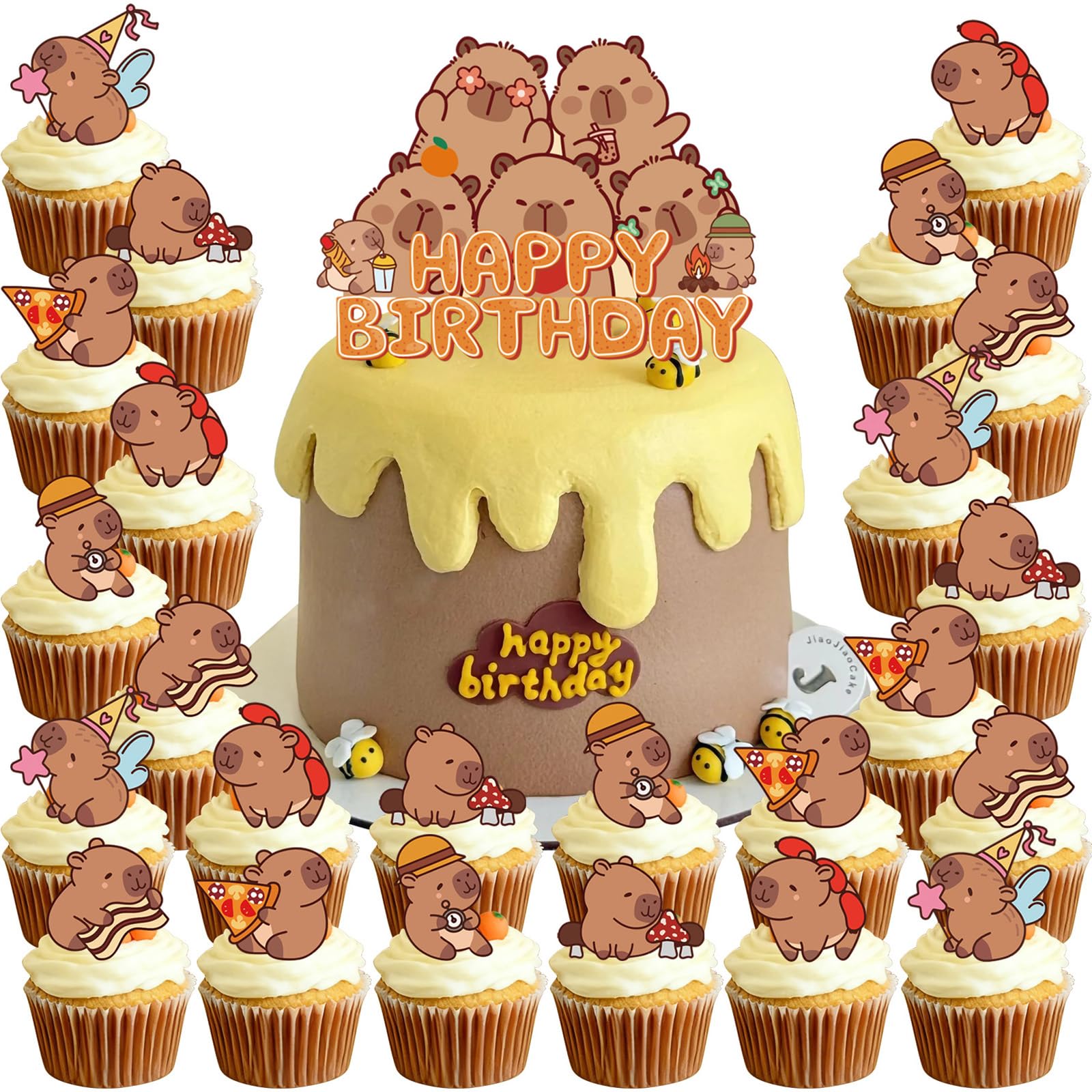 Capybara Cake Topper with 25PCS Capybara Cupcake Topper, Happy Birthday Set
