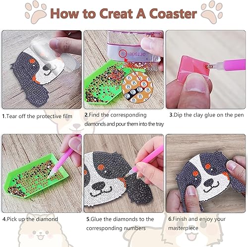 Miniatura 4 de 8 posavasos de pintura de diamante en forma de perro para bebidas, kits de pintura de diamantes para perros de mascotas con soporte, posavasos de