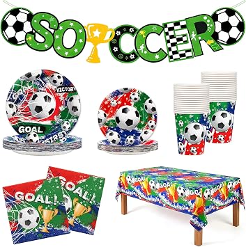 Soccer Party Decorations, Party Supplies Set, Birthday Party Favors | Sports Themed Soccer Tableware Kit, Disposable Paper Plates, Cups, Banner, Tablecloth and Napkins Sets, Serve 24