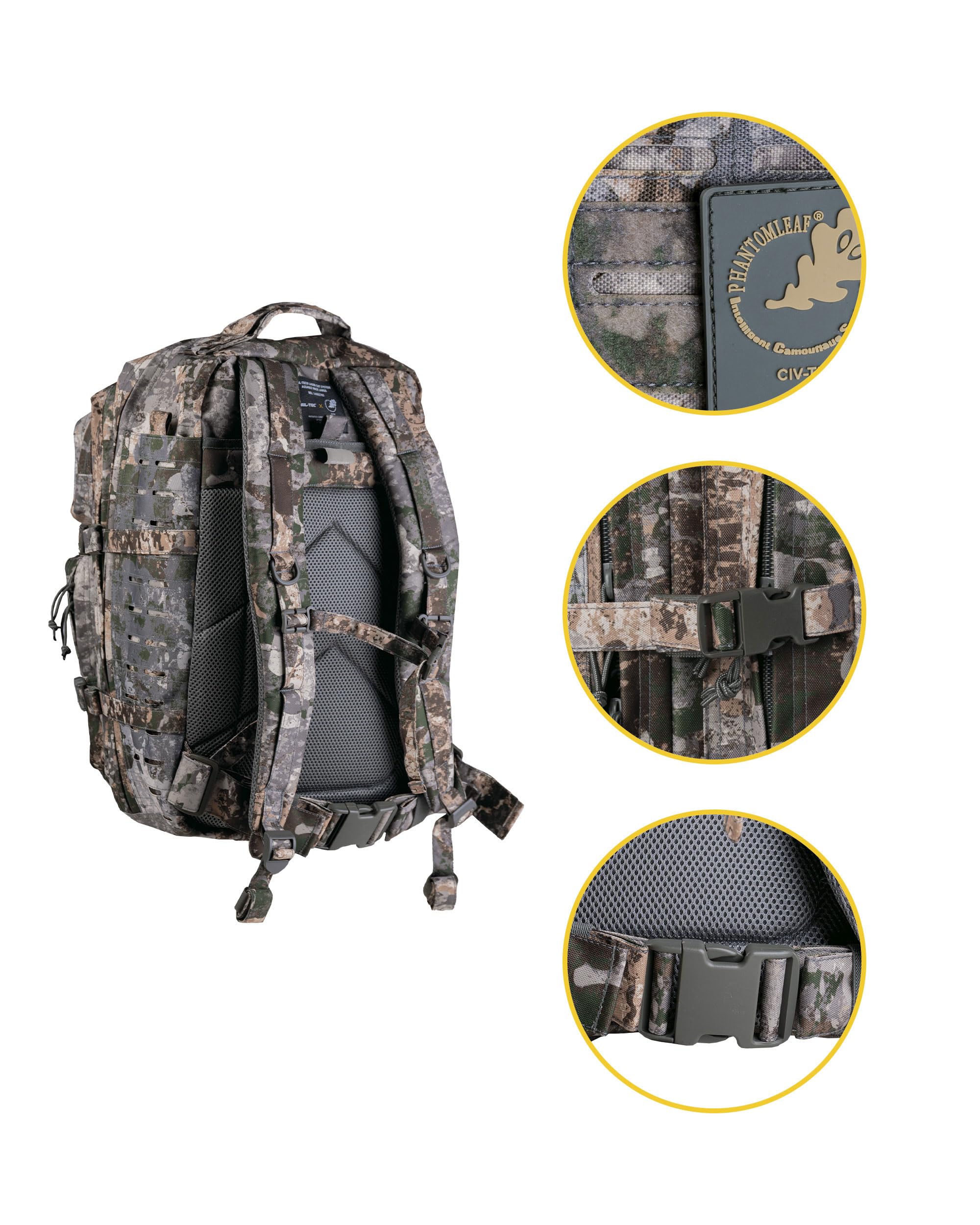 Mil-Tec Unisex Laser Cut Assault Pack - Durable Lightweight Versatile Tactical Outdoor Camping Hiking Backpack with Adjustable Padded Shoulder Straps & Laser-Cut-Loop-System, Phantomleaf WASP/Z1B, 36L