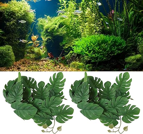 Miniatura 4 de 2 piezas de hojas de plástico realistas para decoración de peces, plantas de agua artificiales de simulación de vid con ventosa para terrarios de