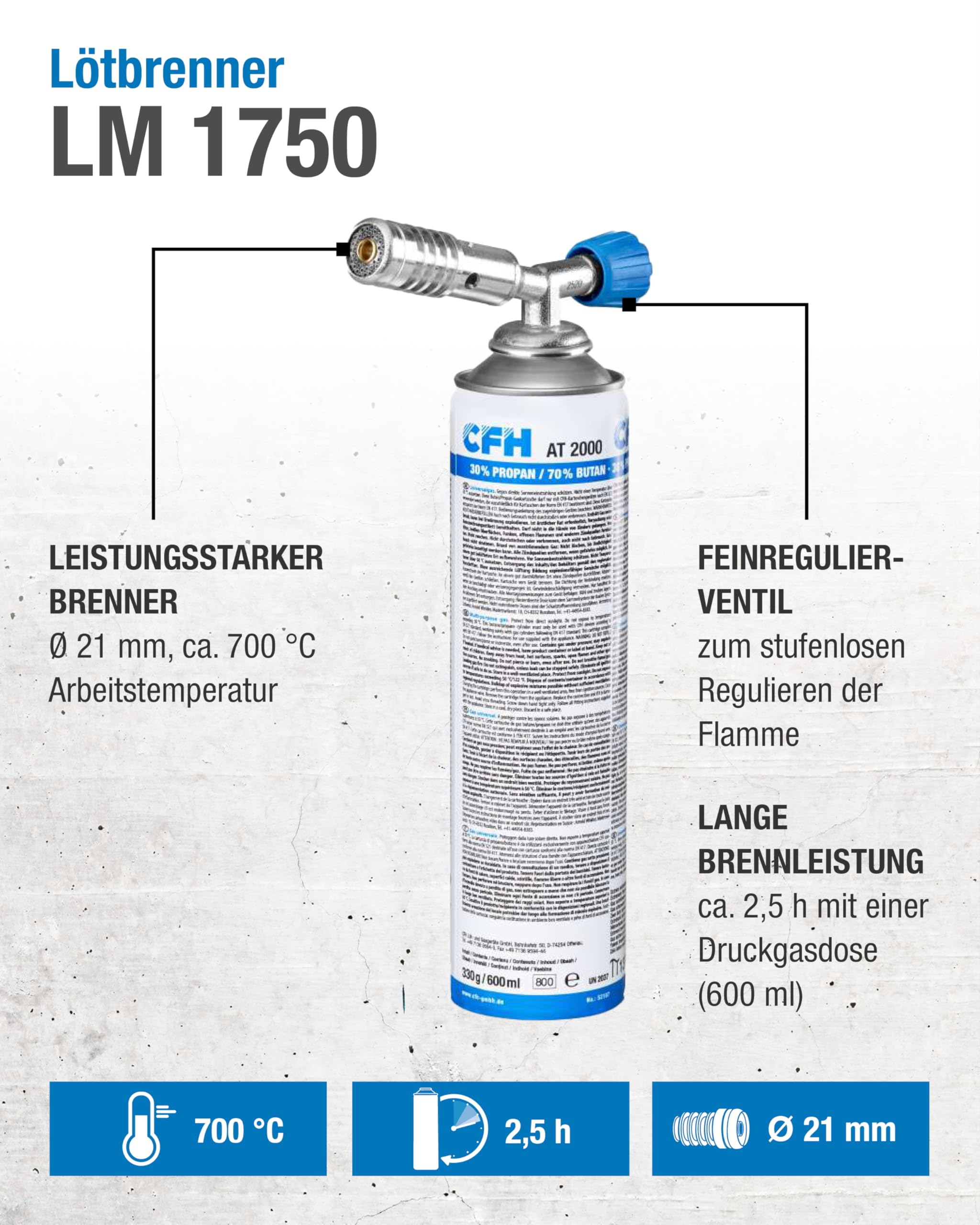 CFH Lötbrenner LM 1750 - Vielzweck Gas Lötgerät mit Turbobrenner zum Hartlöten und Weichlöten, Stufenlos regulierbar, Lötbrenner nach DIN EN 521, TÜV SÜD Bauart geprüfte Gaskartusche