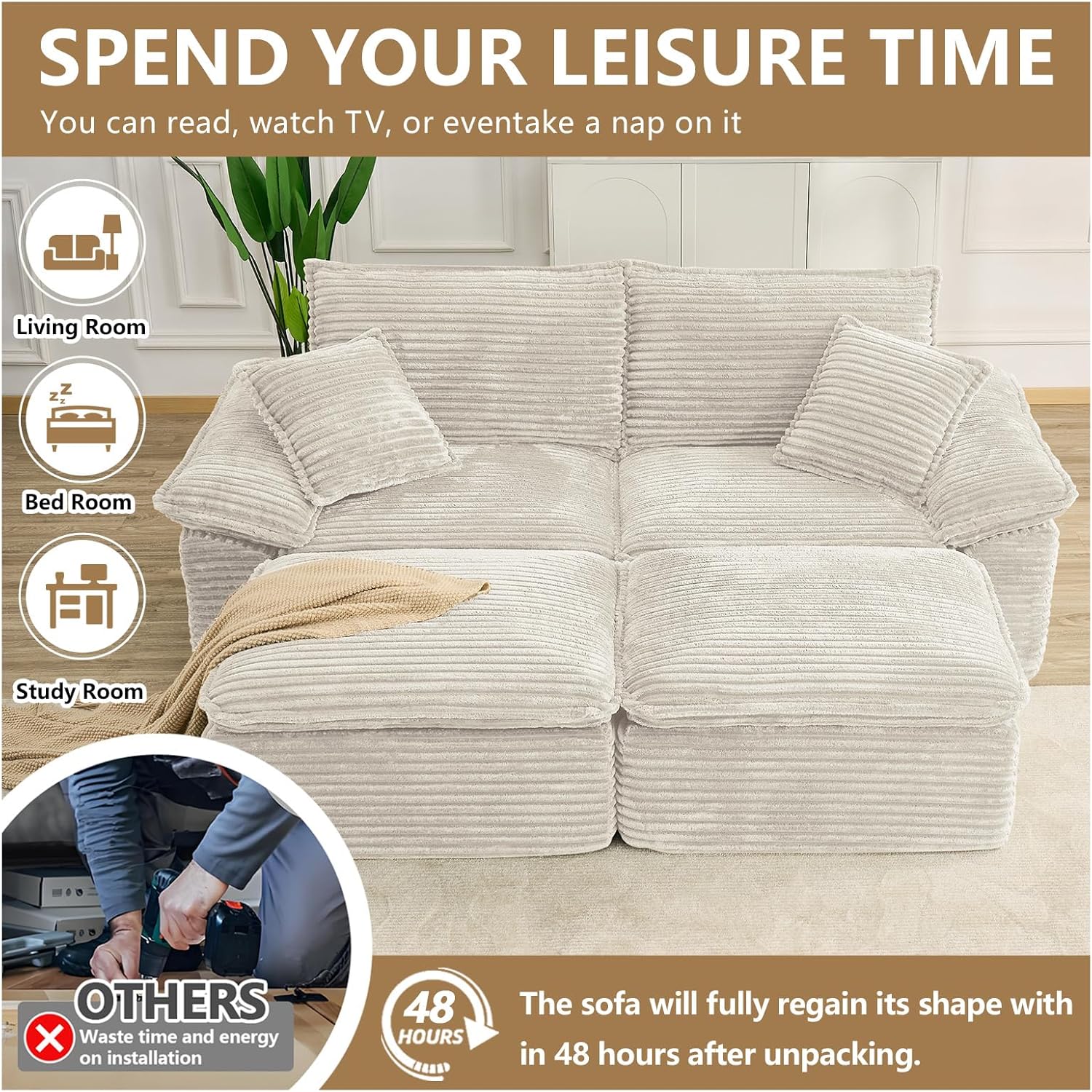 80" Double Chaise Lounge Chair Indoor,Modern Boneless Sleeper Loveseat with Ottoman,Deep Seat Sofa Bed with Pillows,Comfy Corduroy Sectional Cloud Couches for Living Room (Beige, 80")