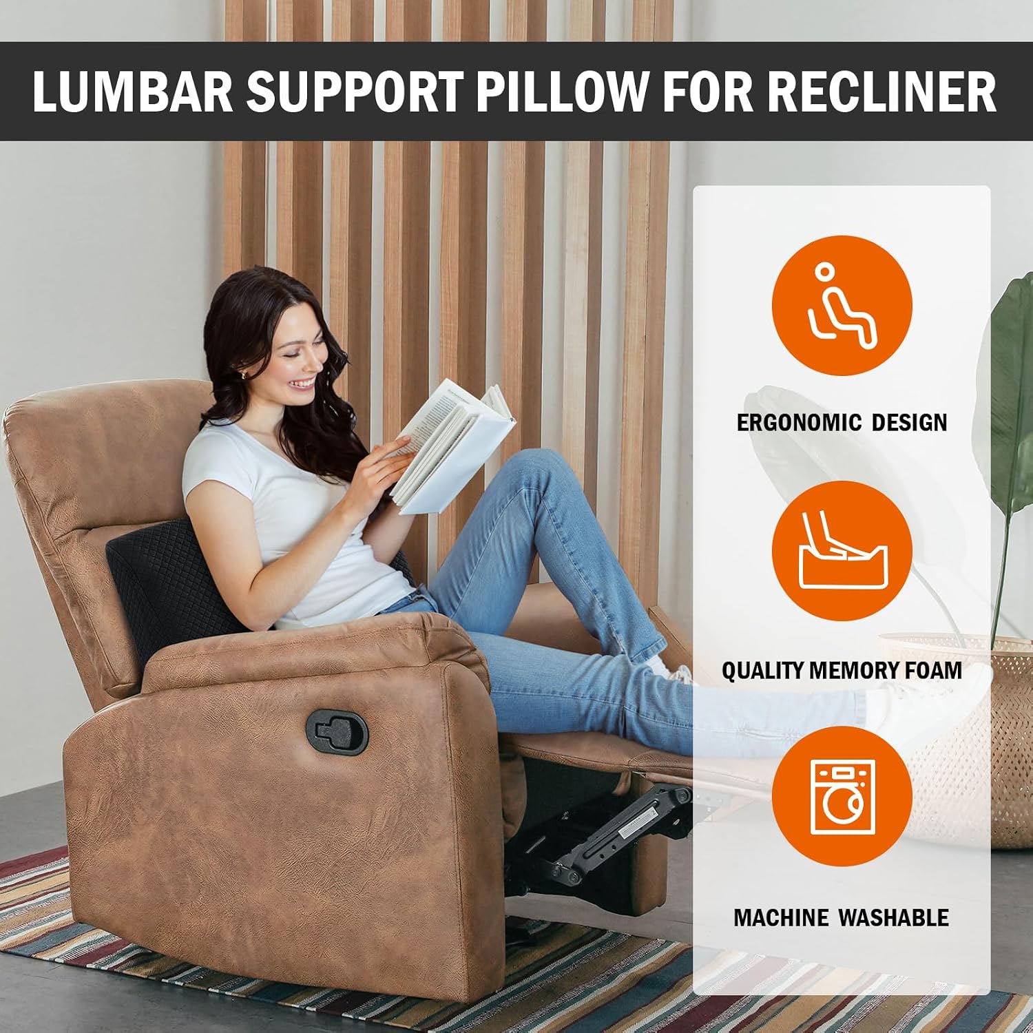 hombys lumbar support pillow for recliner chair, memory foam back support cushion for elderly,extra large lumbar support pillow,thick backrest for home reading (black, 20“x13.5"x5") black 20“x13.5"x5"
