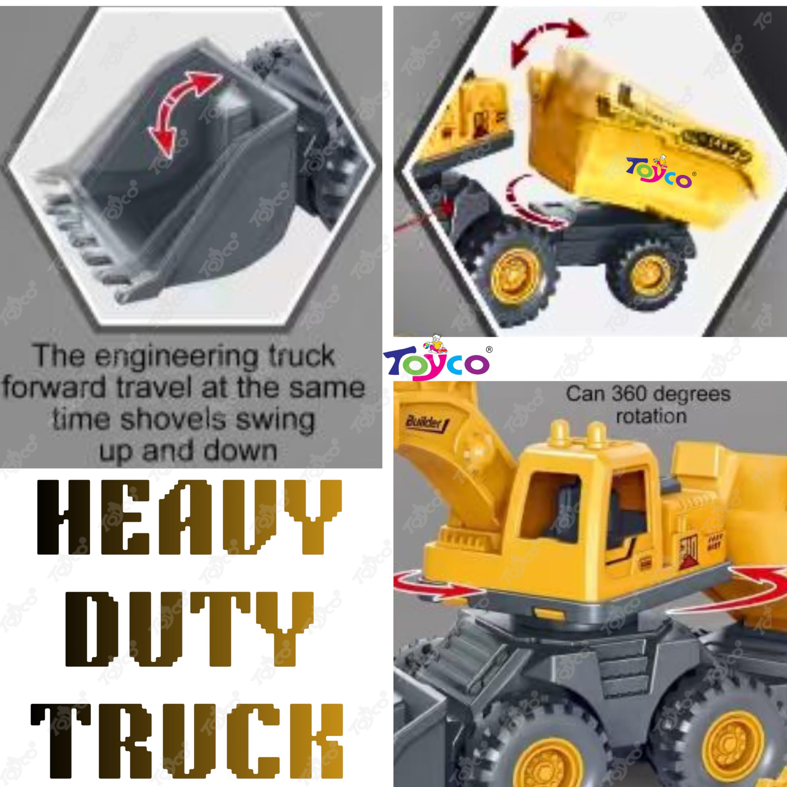 toyco® 2-in-1 Friction Powered Bulldozer Cum Excavator Construction Toys for Kids | Push & Go Engineering Truck | 180° Rotatable Earthmover | Durable ABS Plastic (Excavator_Yellow) 3