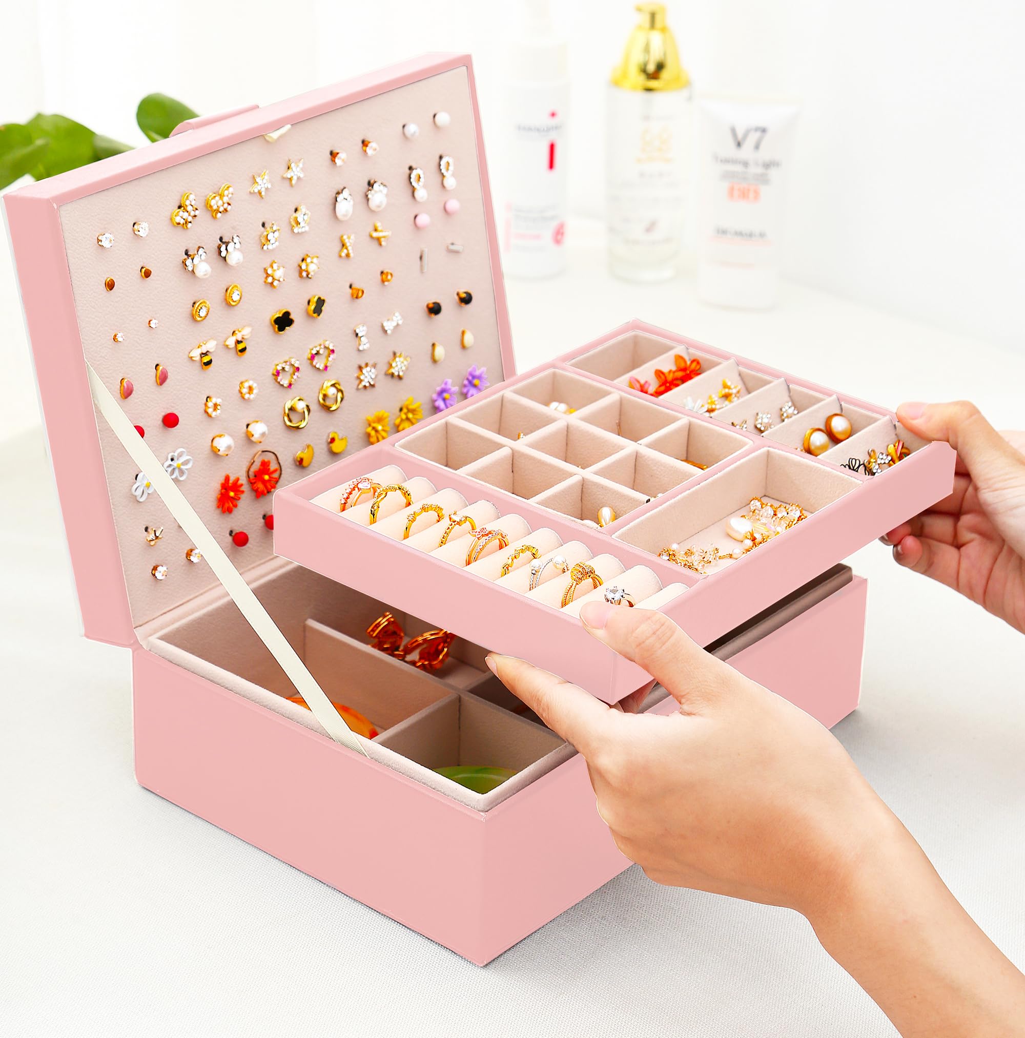 Girls Jewelry Box Earring Holder Organizer for Girls Earring Organizer Teen Jewelry Box Organizer for Girl Pink jewelry Boxes for Earrings Necklaces Rings Stud Earrings Box Organizers Teens