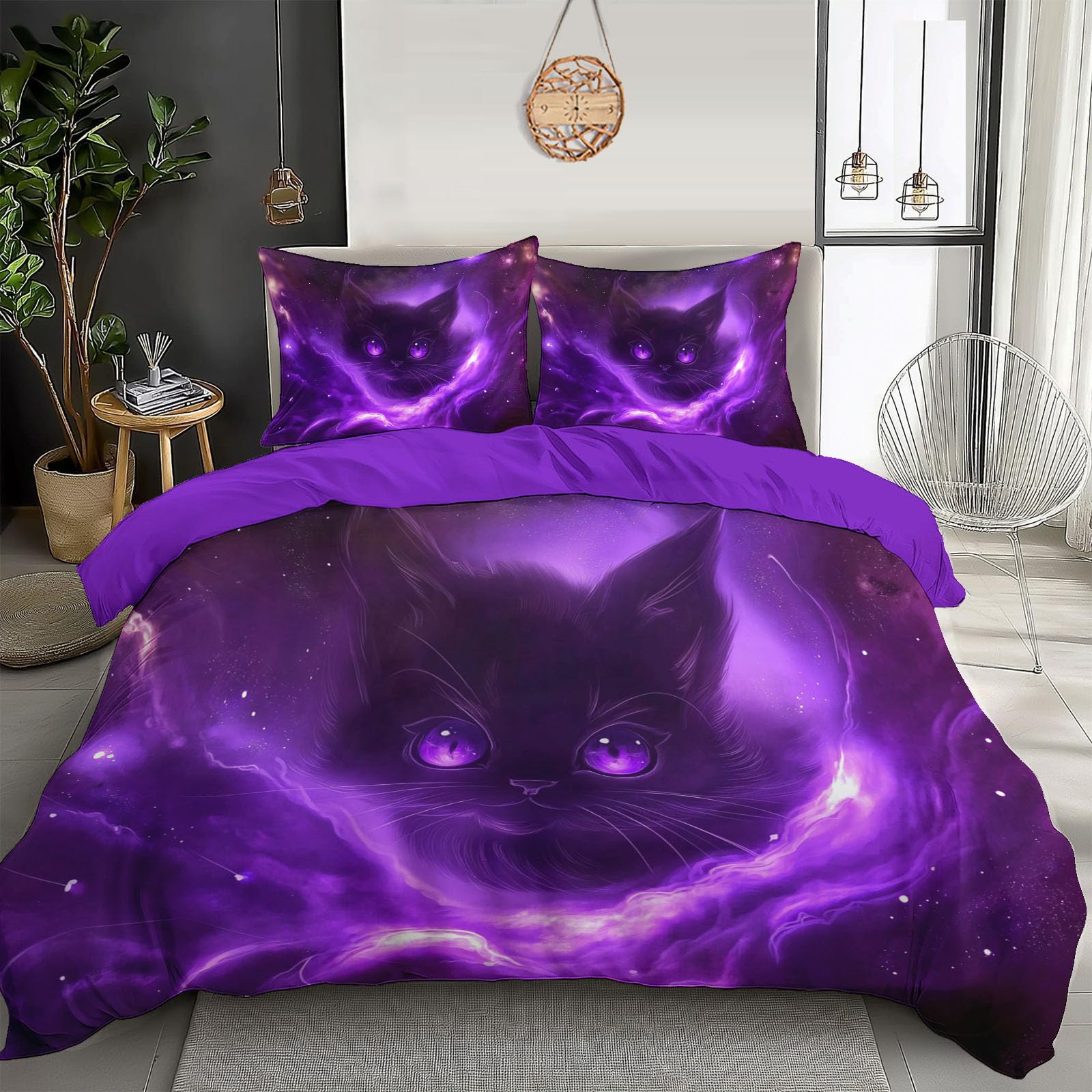 Housse de couette chat violet 240x260 pour une ambiance psychédélique unique dans votre chambre