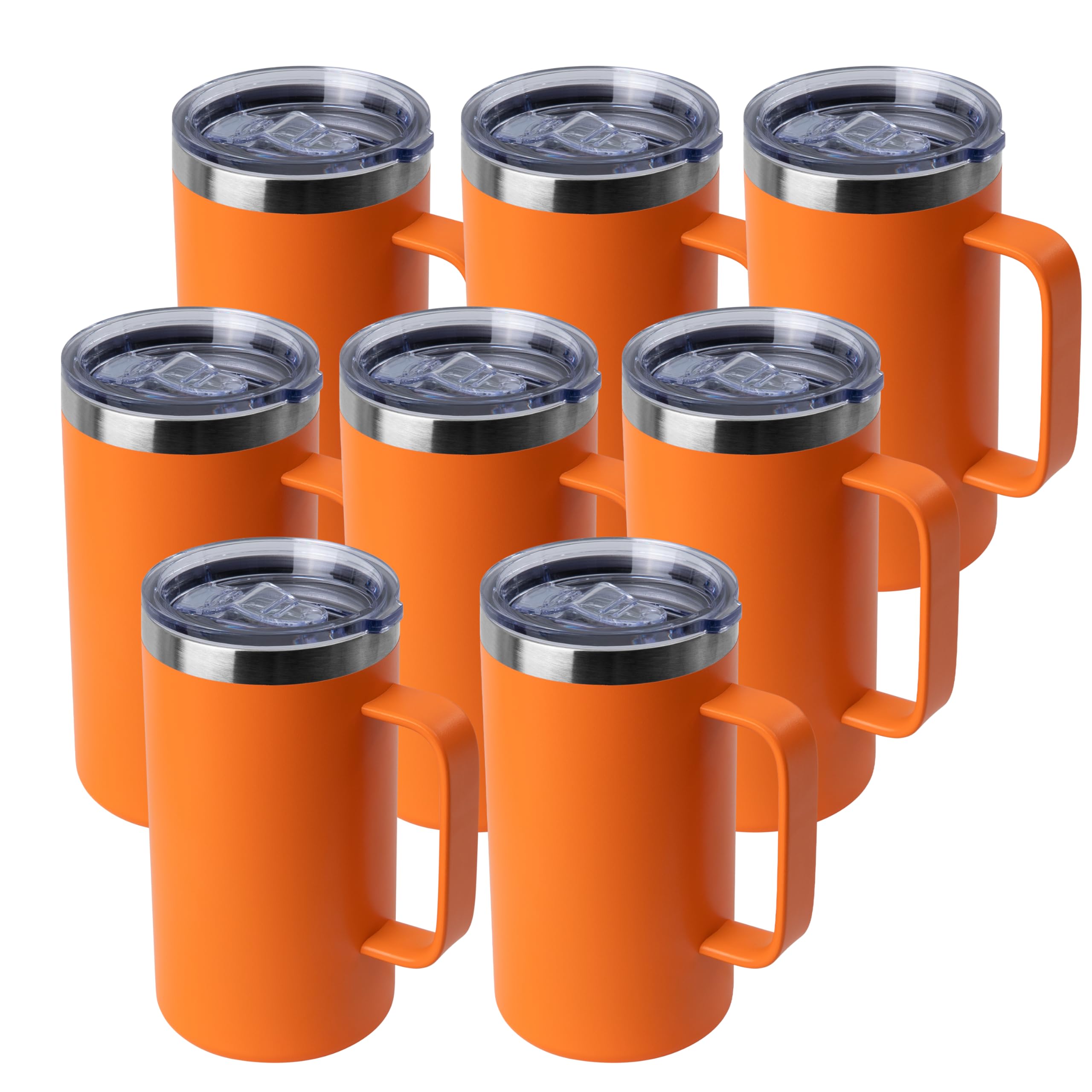DOMICARE Taza de café de acero inoxidable de 24 onzas con asa y tapa, taza de viaje con asa, vaso de café al vacío de doble pared, taza aislada reutilizable, naranja, paquete de 8