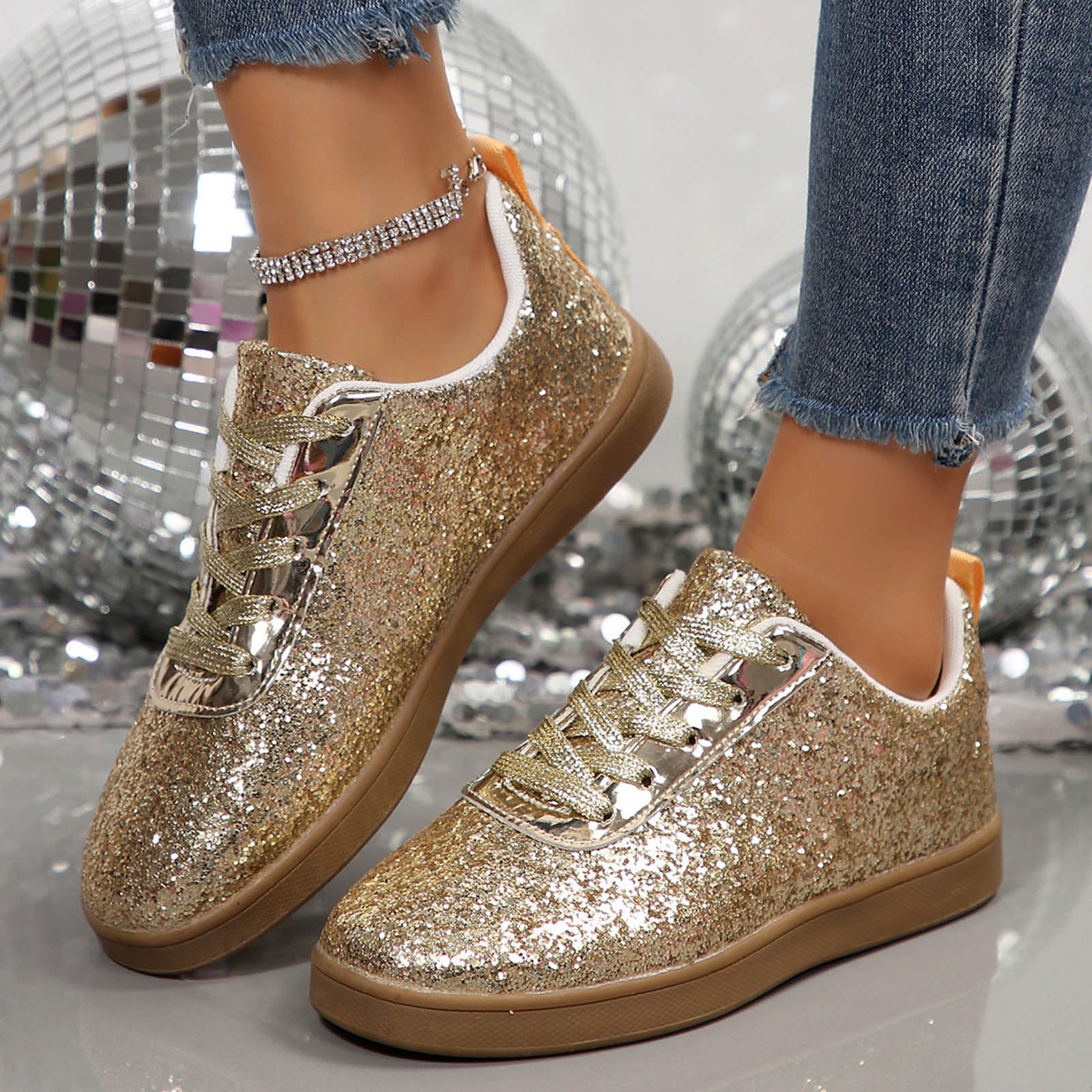 Zapatillas para mujer, zapatos planos con purpurina, zapatos informales, ligeros, transpirables, con cordones, zapatillas de deporte, zapatillas de deporte para mujer, zapatos informales