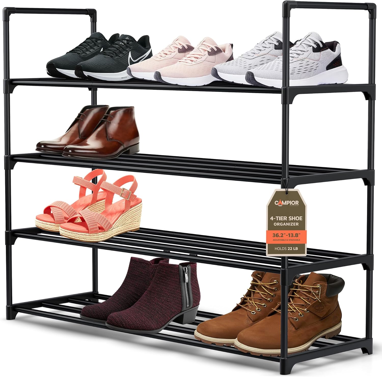 Black 4 Tier Shoe Rack, 36" Large Shoe Shelf Holds 15 Pairs of Shoes, Heavy Duty Shoe Rack for Entryway, Bedroom, Closet, Up to 22 lb Weight Capacity, Space-Saving and Easy to Assemble