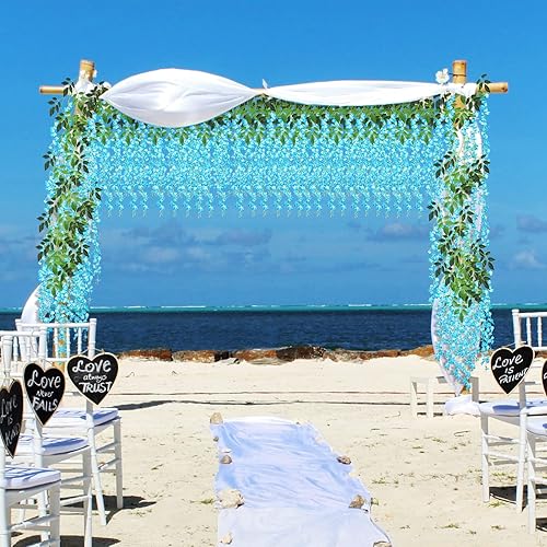 Miniatura 6 de LOYWREE Wisteria - 14 flores colgantes de glicina amarilla, corona de glicina, flores colgantes artificiales (amarillo)