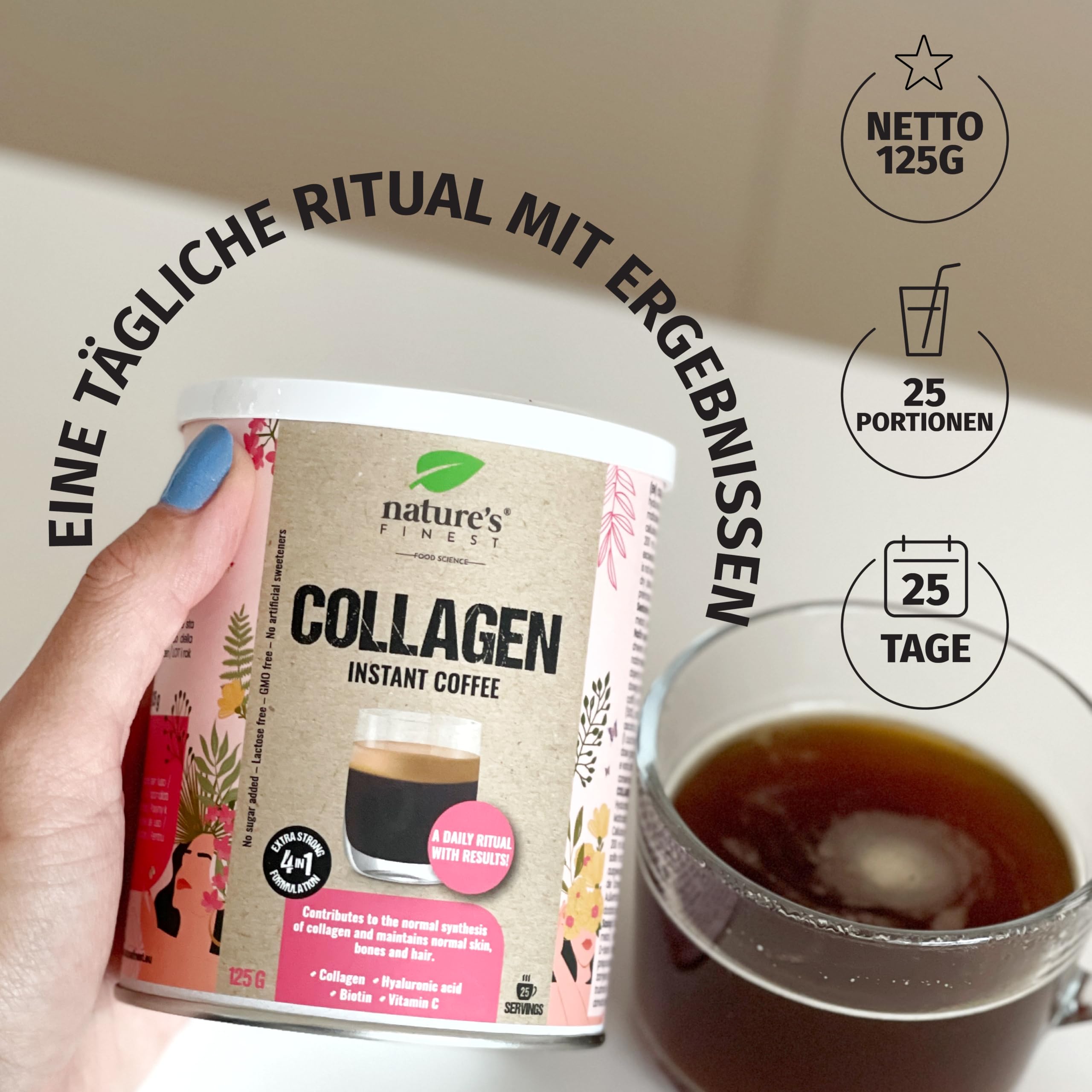 Nature's Finest Collagen Coffee, Instant-Kaffee 375 g (3er Pack) | Instant-Kaffee mit 50 % Kollagenpulver, Hyaluronsäure, MSM, Biotin & Vitamin C - Beauty-Kaffee zum Anrühren