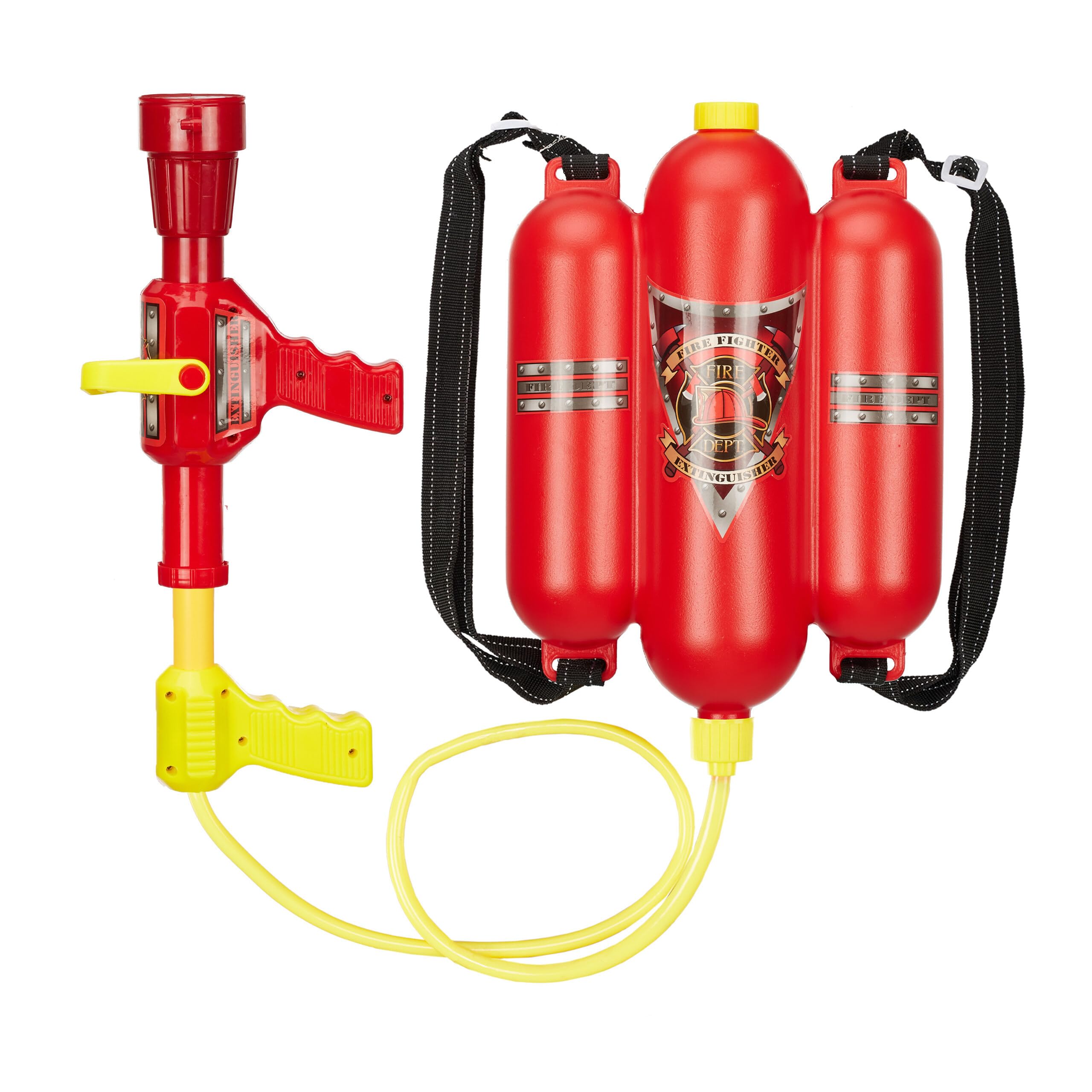 Relaxdays Pistolet na wodę, armaty wodne, strażacy, zbiornik, pojemność 2,5 l, strumień 5 m, 2 strumienie, żółty czerwony