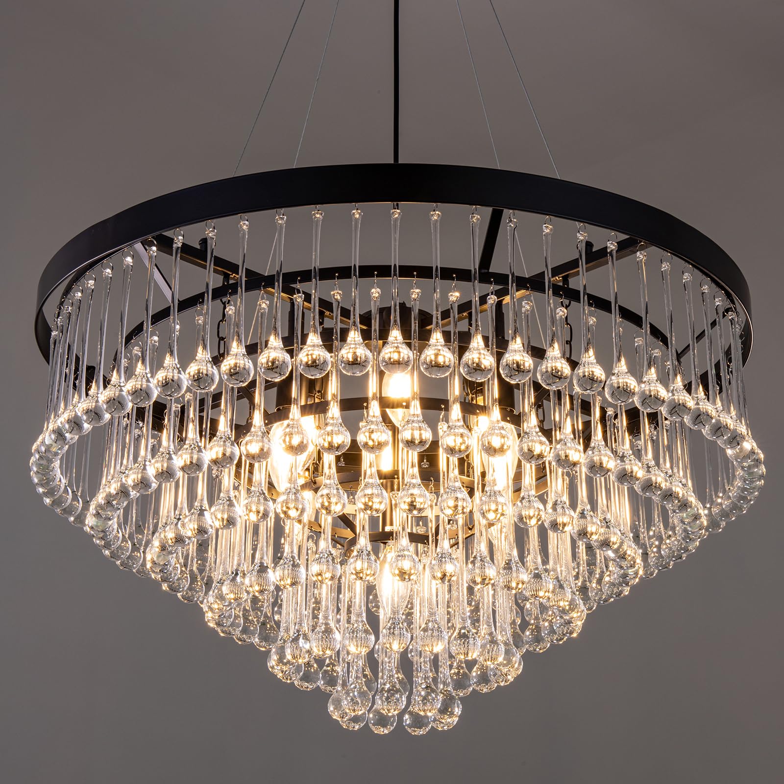 Wellmet 28" Black Crystal Chandelier, 9 Lights Modern Round Chandelier for Dining Room, Raindrop Ceiling Pendant Light Fixture for Living Room, Kitchen Island, Bedroom, Foyer, Entryway, Bathroom