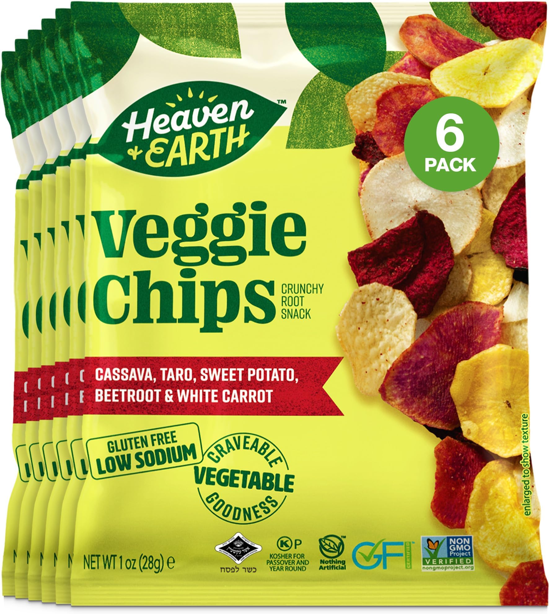 Heaven & Earth Veggie Chips, Root Vegetable Medley Chips 1oz (6 Pack) Thin & Crisp | Perfect Snack & Salad Topper | Non GMO | Certified Kosher