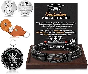 Graduation Gifts for Him, 2025 High School Graduation Gifts Class of 2025 Teen Gift Trendy Stuff Leather Bracelet for Men with Pocket Hug Token Compass College Middle 5th 8th Grade Masters Degree Graduate Knot Jewelry for Son Grandson Boyfriend