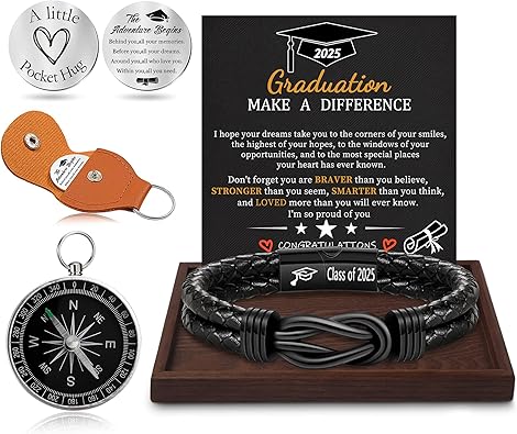 Graduation Gifts for Him, 2025 High School Graduation Gifts Class of 2025 Teen Gift Trendy Stuff Leather Bracelet for Men with Pocket Hug Token Compass College Middle 5th 8th Grade Masters Degree Graduate Knot Jewelry for Son Grandson Boyfriend