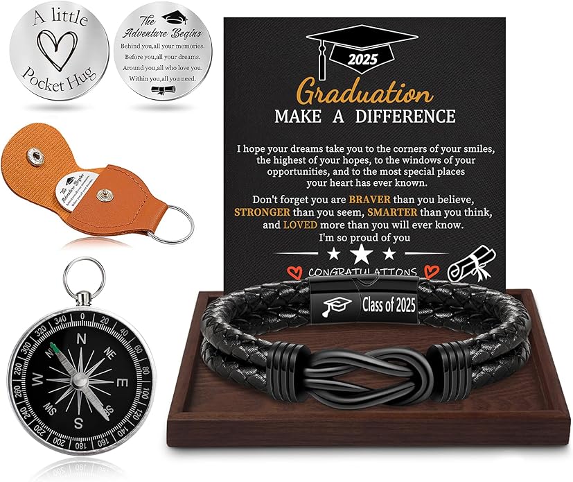Graduation Gifts for Him, 2025 High School Graduation Gifts Class of 2025 Teen Gift Trendy Stuff Leather Bracelet for Men with Pocket Hug Token Compass College Middle 5th 8th Grade Masters Degree Graduate Knot Jewelry for Son Grandson Boyfriend