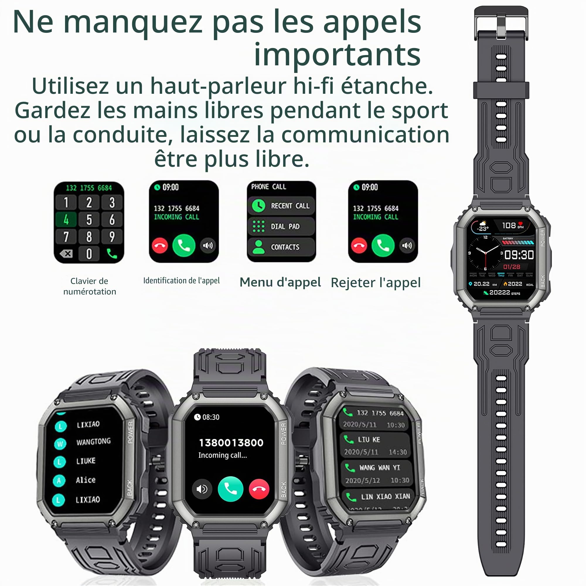 1,8” AMOLED Montre Connectée Homme avec Appels Bluetooth, 5ATM Smartwatch avec 123 Modes Sportifs/SpO2/Fréquence Cardiaque/Lecteur de Musique/Montre Intelligente Fitness pour Android iOS (Noir)