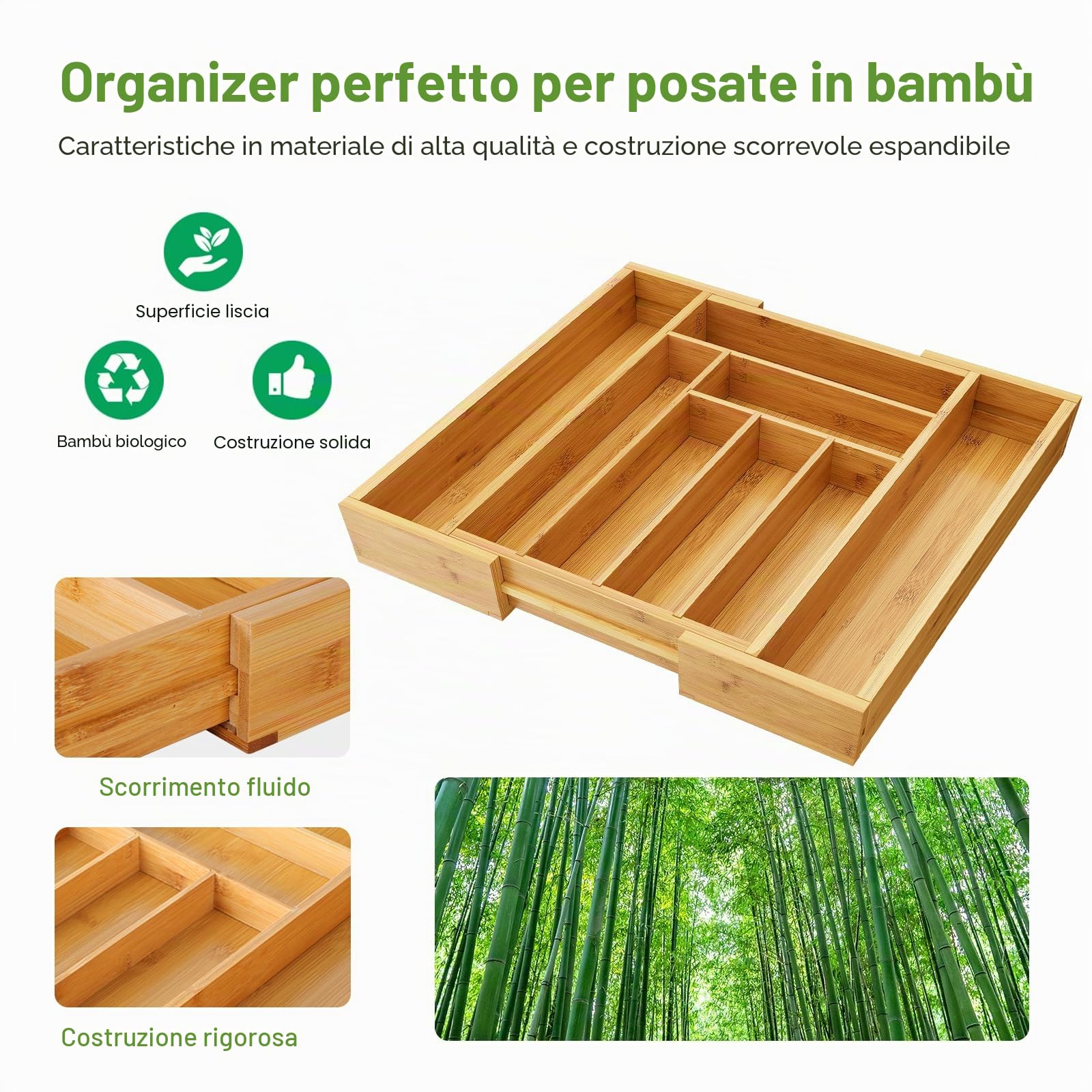 Pipishell - Organizer espandibile per utensili, in bambù, vassoio regolabile, organizer per posate e coltelli in cucina, adatto a cassetti in legno, camera da letto, soggiorno
