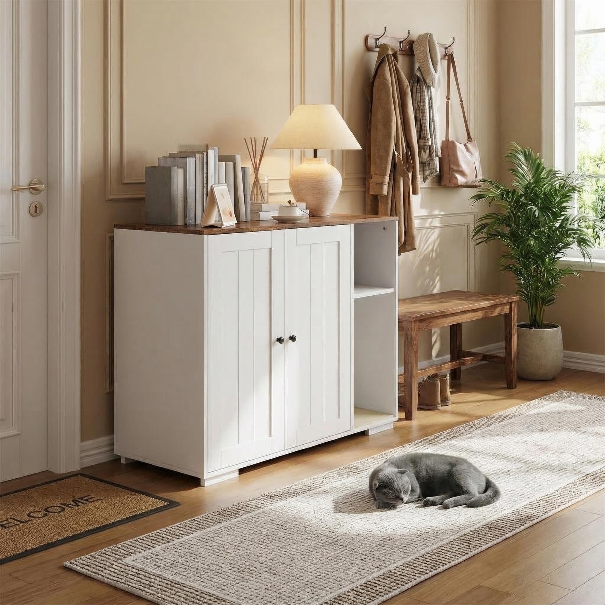 Photo 1 of Extra Large Cat Litter Box Enclosure with Scratch Pad, Large Automatic Litter Box Furniture, Dog-Proof Litter Cabinet with Outlet, Space for Cat Stuffs
