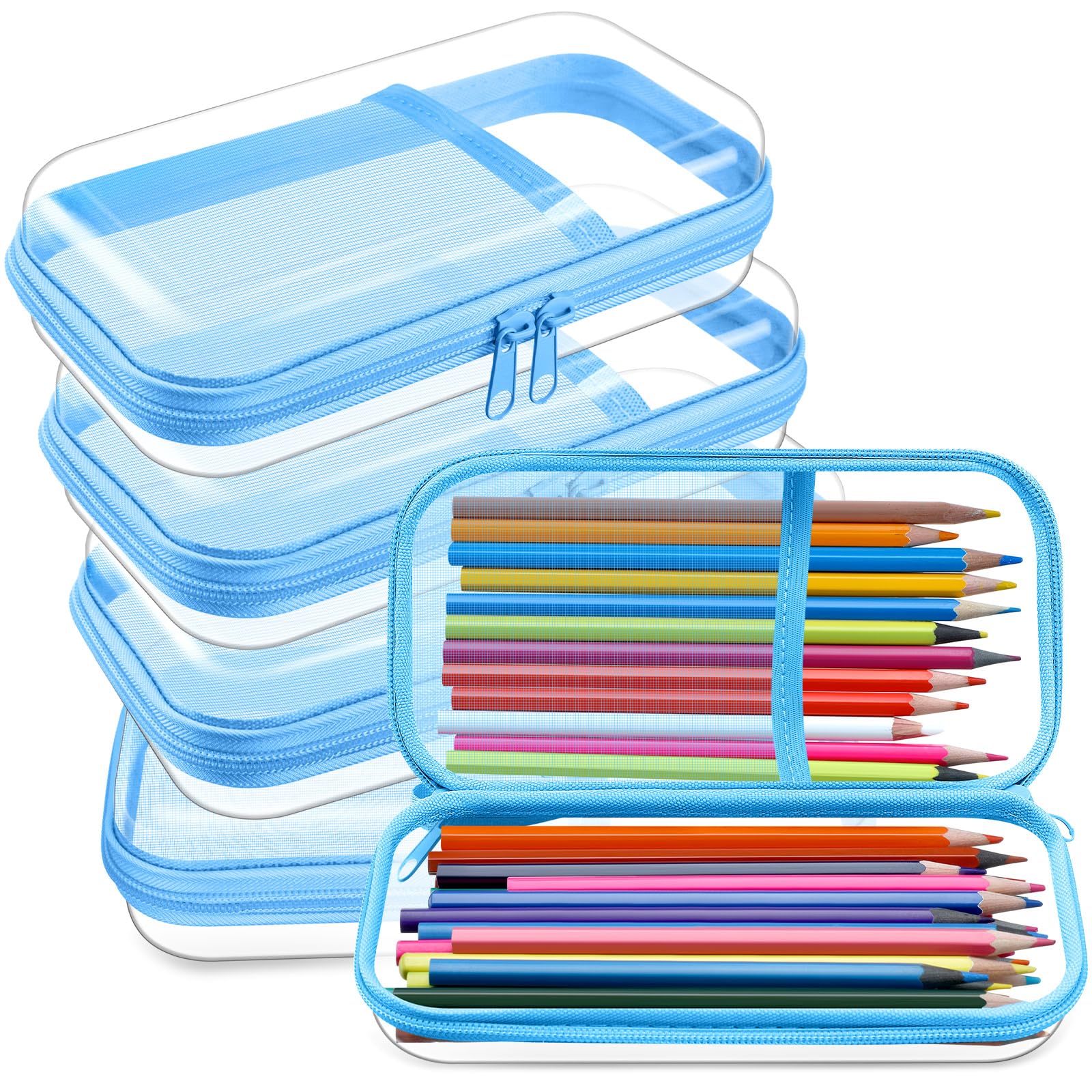 Sanwuta 4 Pcs Clear Hard Plastic Zipper Pouches Pencil Case Bulk Clear Hard Shell Zipper Case Storage Box with Mesh Pocket Plastic Pencil Toiletry Pouch Makeup Box, Travel Organizer(Blue) — image 1