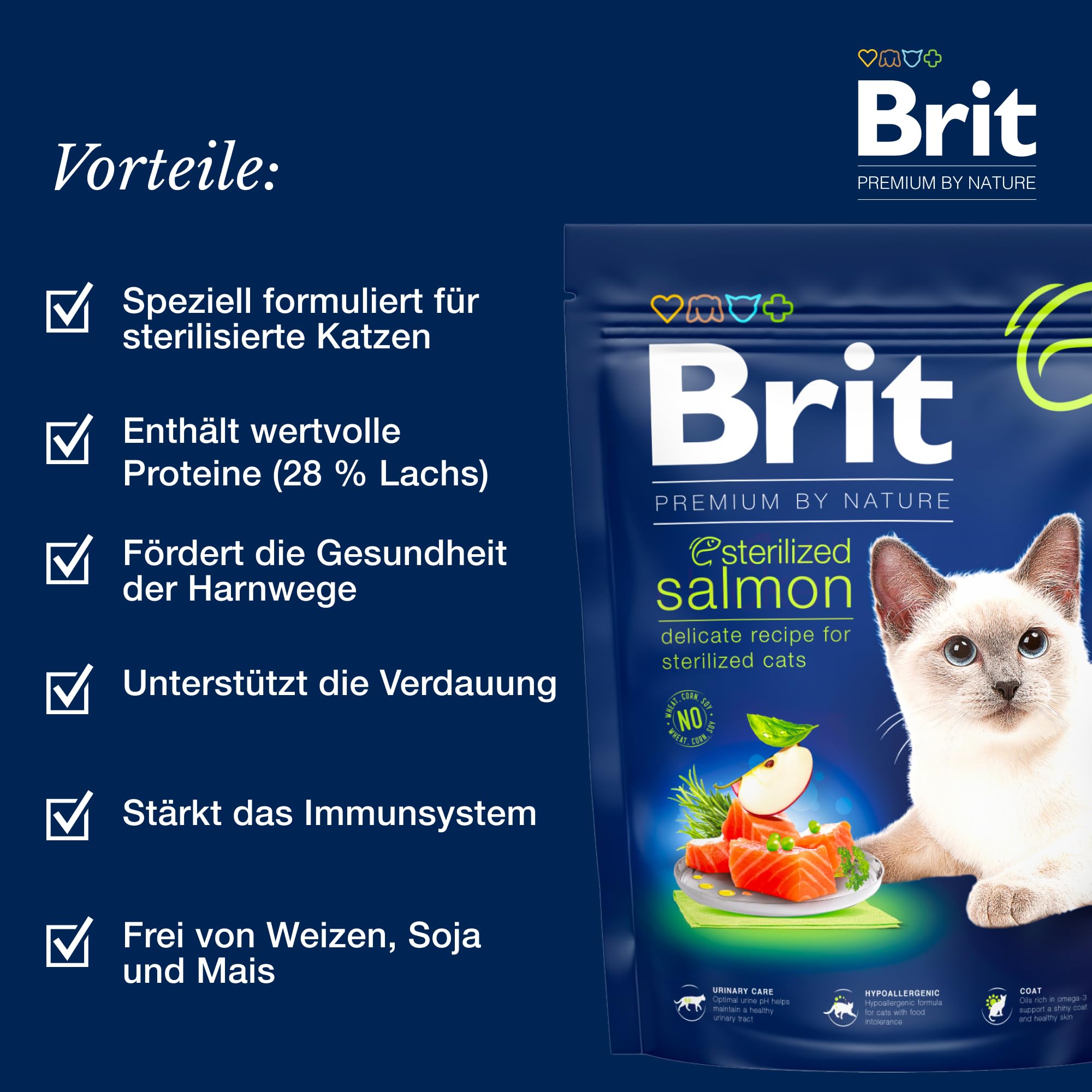 Brit Premium by Nature Trockenfutter für sterilisierte Katzen, Geschmacksrichtung Lachs, 8 kg