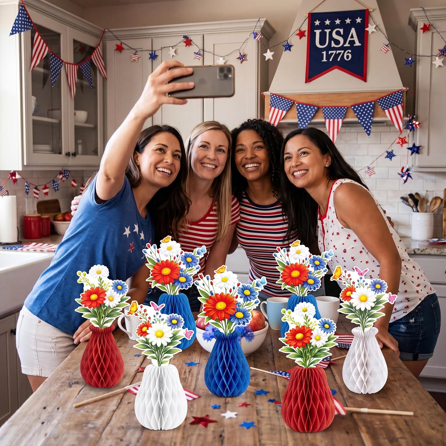 9PCS Forth/4th of July Wildflower Decorations Red White and Blue Paper Wild Flowers Honeycomb Table Centerpieces, Garden Theme Birthday Party Decor Supplies for Independence Patriotic Memorial Day