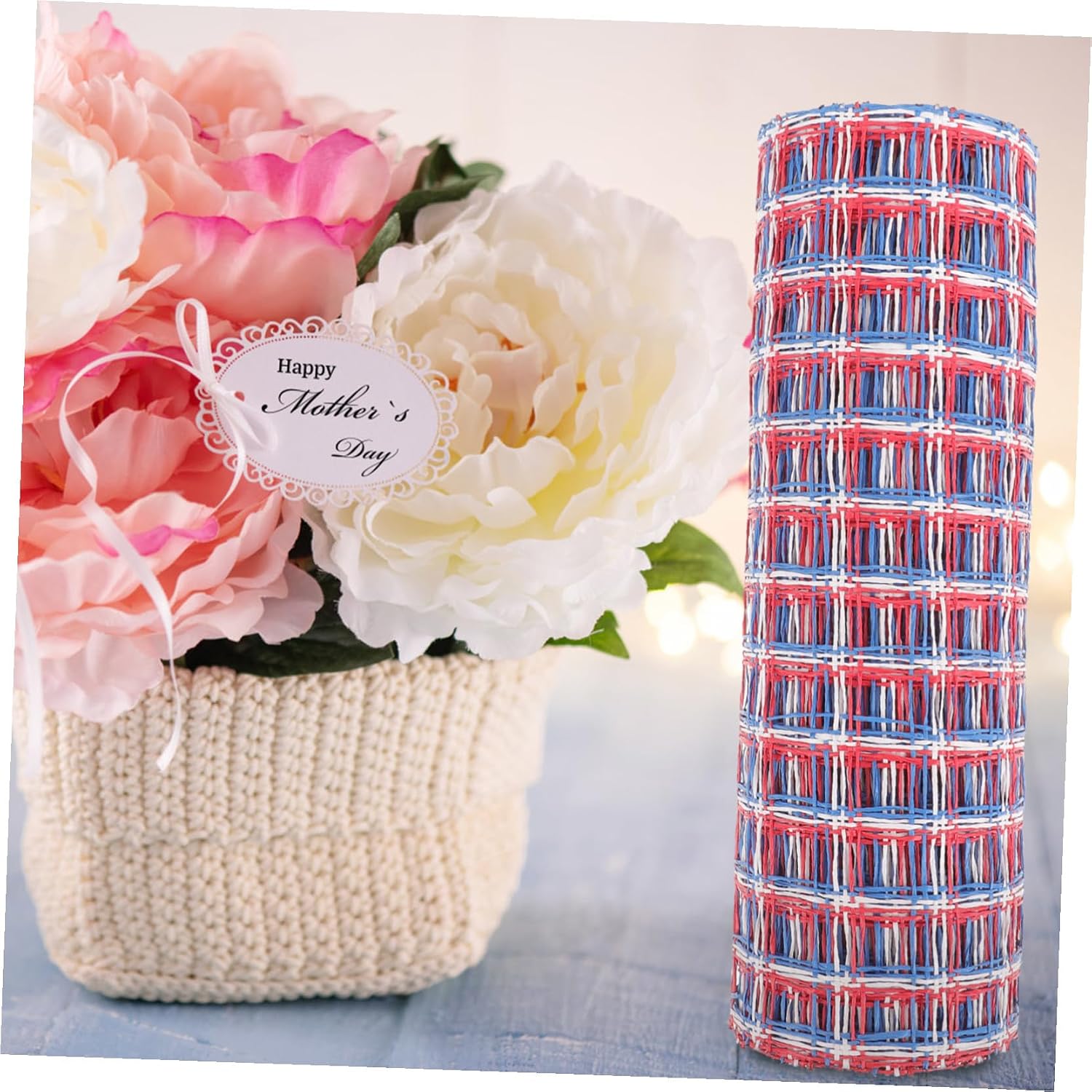 Independence Day Mesh Ribbon for Craft Packaging and Wreaths Lightweight Decorative Fabric in Blue and Red for DIY Party Decorations and Wrapping