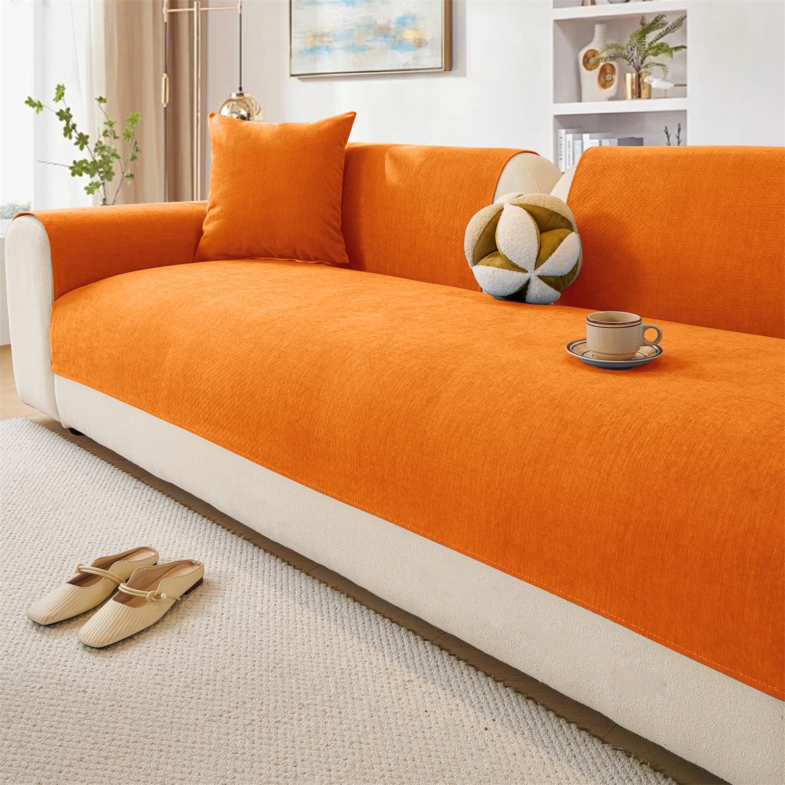 Lingky Orange Soft Chenille Sofa Covers Washable - Sofa Cushion Covers, Non-Slip Sofa Cover 1 2 3 Seater, Couch Covers For Sectional Sofa, Sofa Slipcovers L Shape Furniture Protector (,110X160cm)