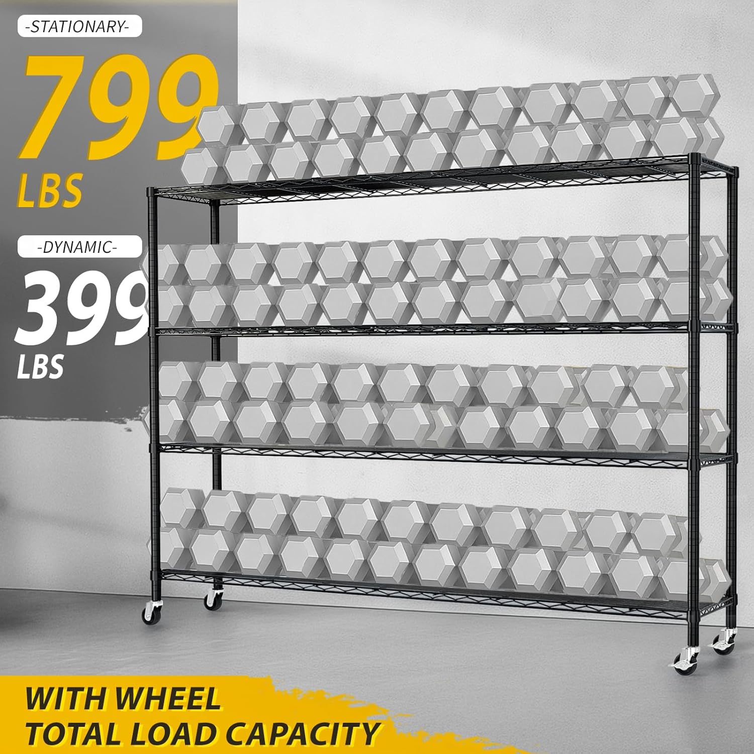 Illustration of the VINGLI shelving unit's weight capacity: 799 lbs stationary, 399 lbs dynamic