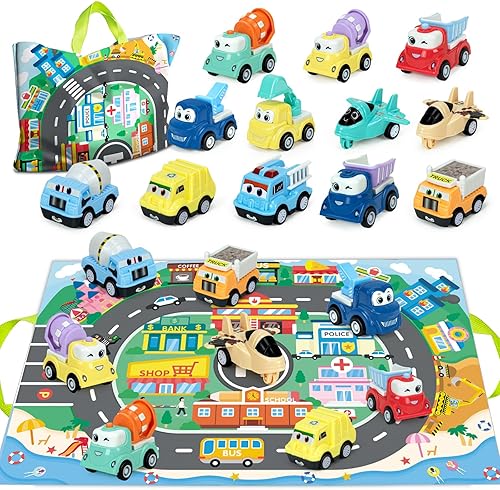 Juguetes de auto para bebés de 1, 2, 3 años, regalo de cumpleaños, juguetes para niños pequeños, camiones y aviones y autos con tapete de juego,