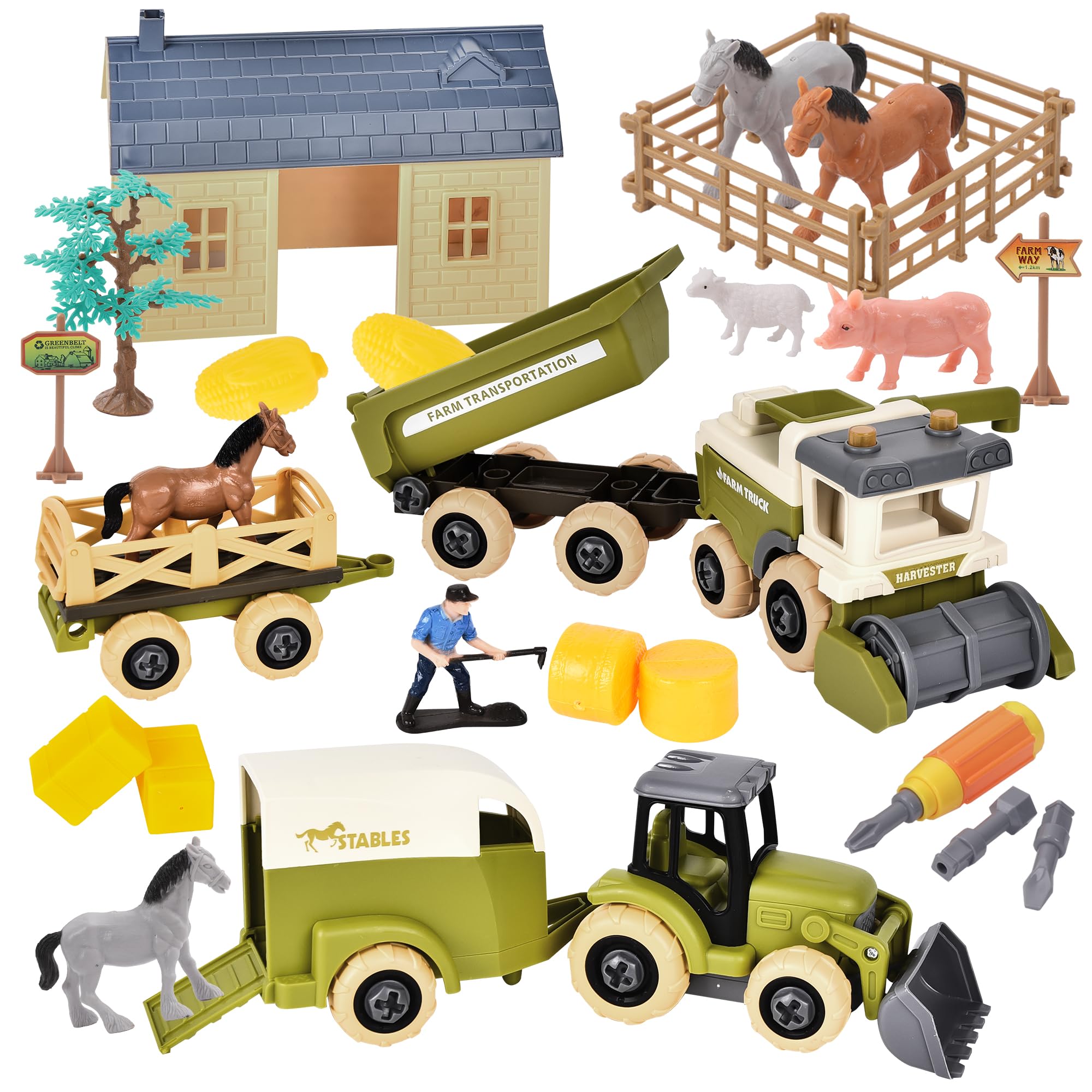 Herefun 29 Piezas Granja Tractor Juguete, Juego con Casa y Animales, Juguete Educativo para Niños 3-8 Años, Regalos de Cumpleaños