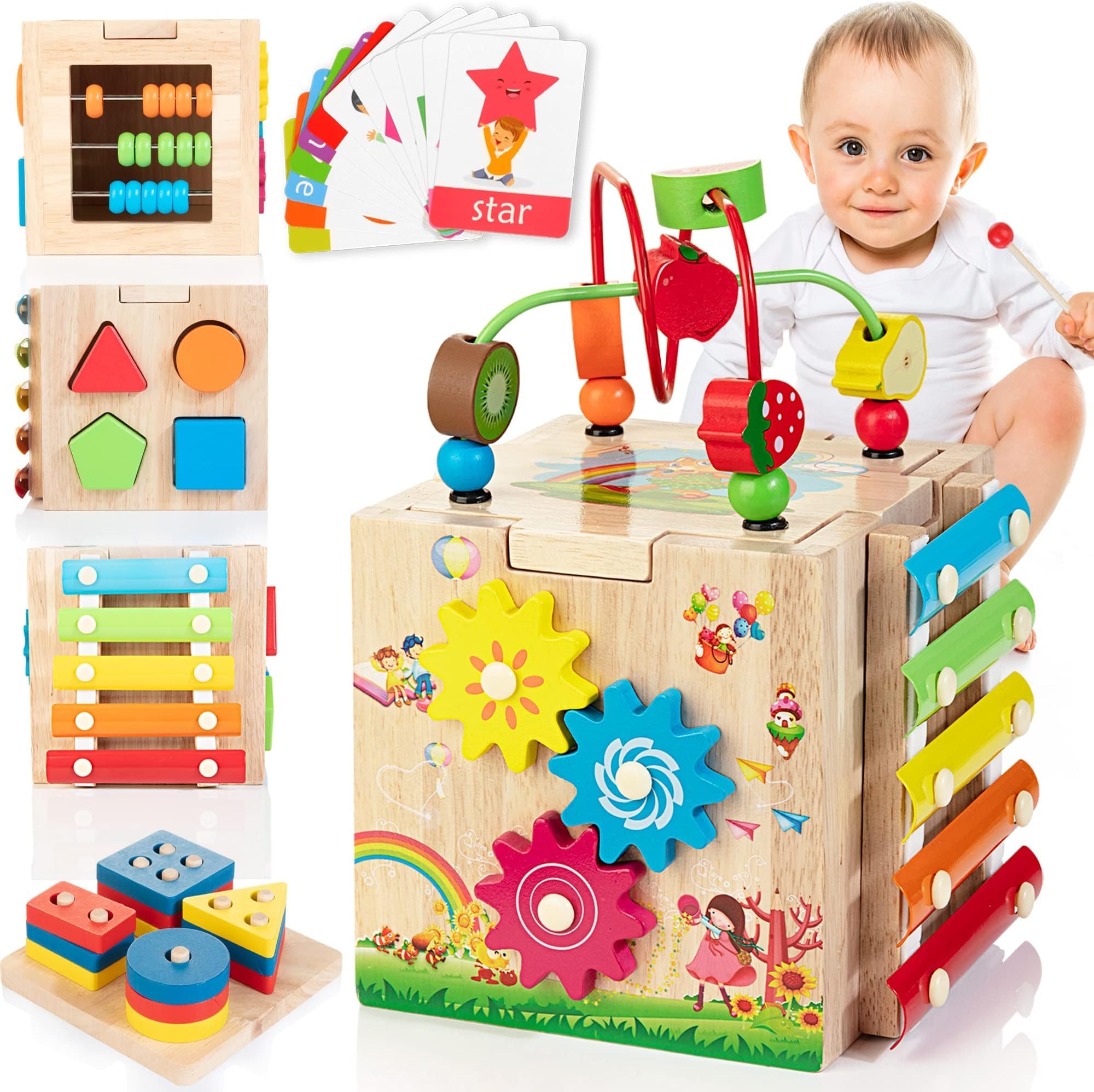 Wooden Activity Cube for Toddlers 1-3, 8 in 1 Montessori Toys with Shape Sorting Abacus Xylophone STEM Toys Gift for Baby Boys Girls Age 12+ Months, Blue Packaging, Medium, (WT18)