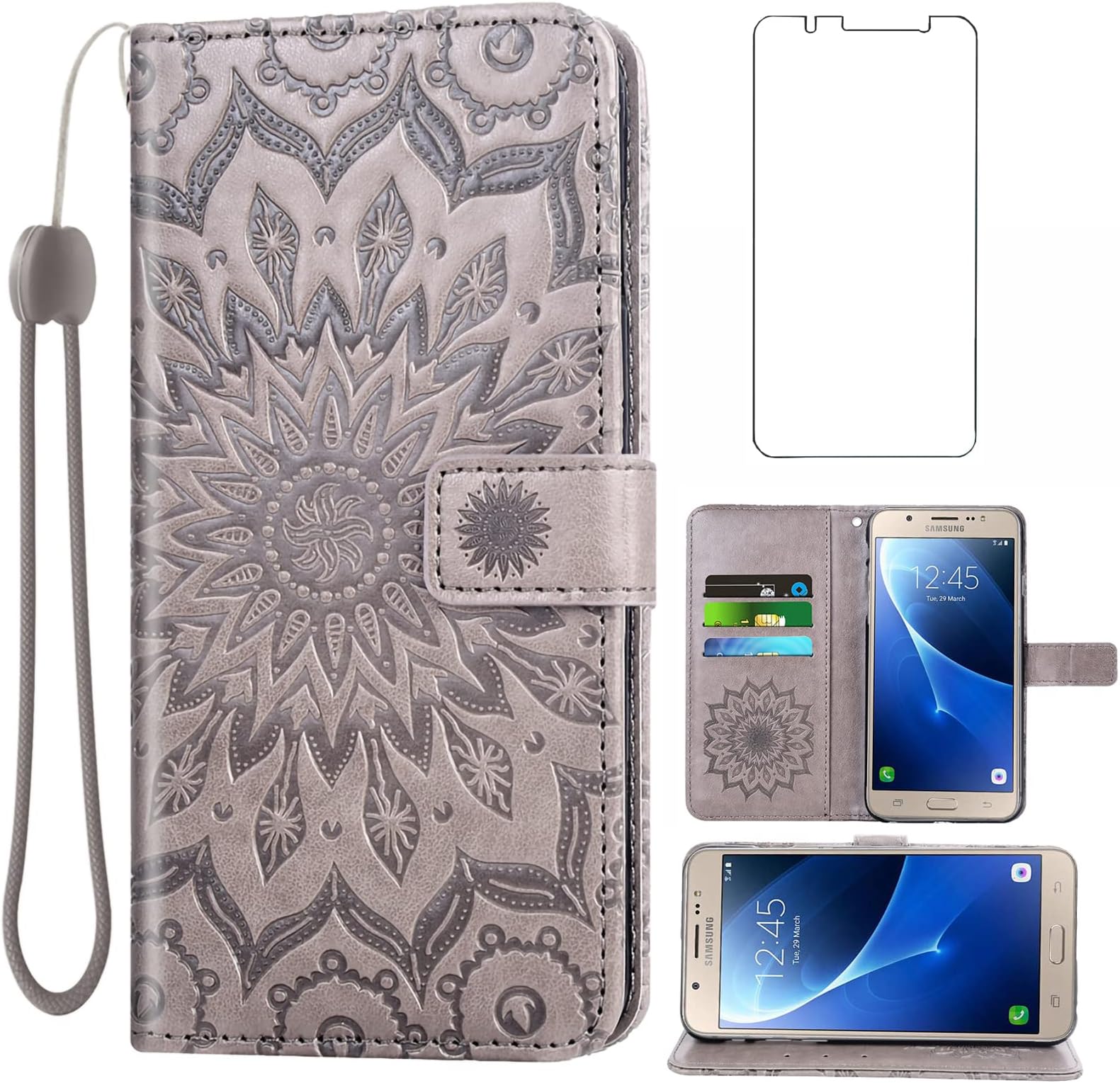AsuwishPhone Case for Samsung Galaxy J7 2016 Wallet Cases with Tempered Glass Screen Protector and Sunflower Leather Slim Flip Cover Card Holder Stand Cell Accessories Glaxay J 7 J710 Women Men Gray