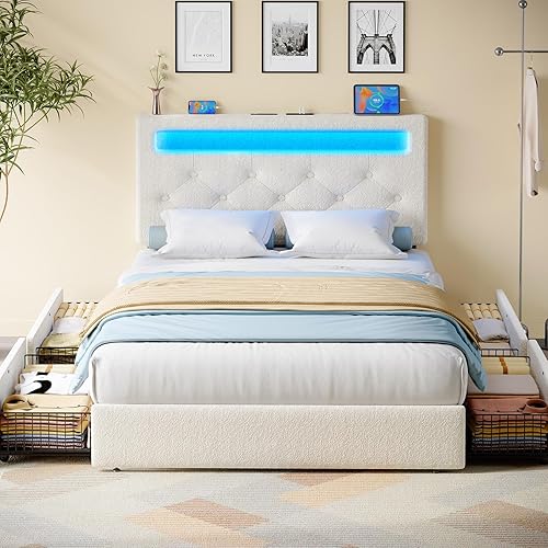 Rolanstar Twin Bed Frame with 4 Drawers and Charging Station,Twin Bed with Led Lights, Adjustable Upholstered Headboard 38.9/40.8 Inches, Sturdy, No Box Spring Needed, Natural White