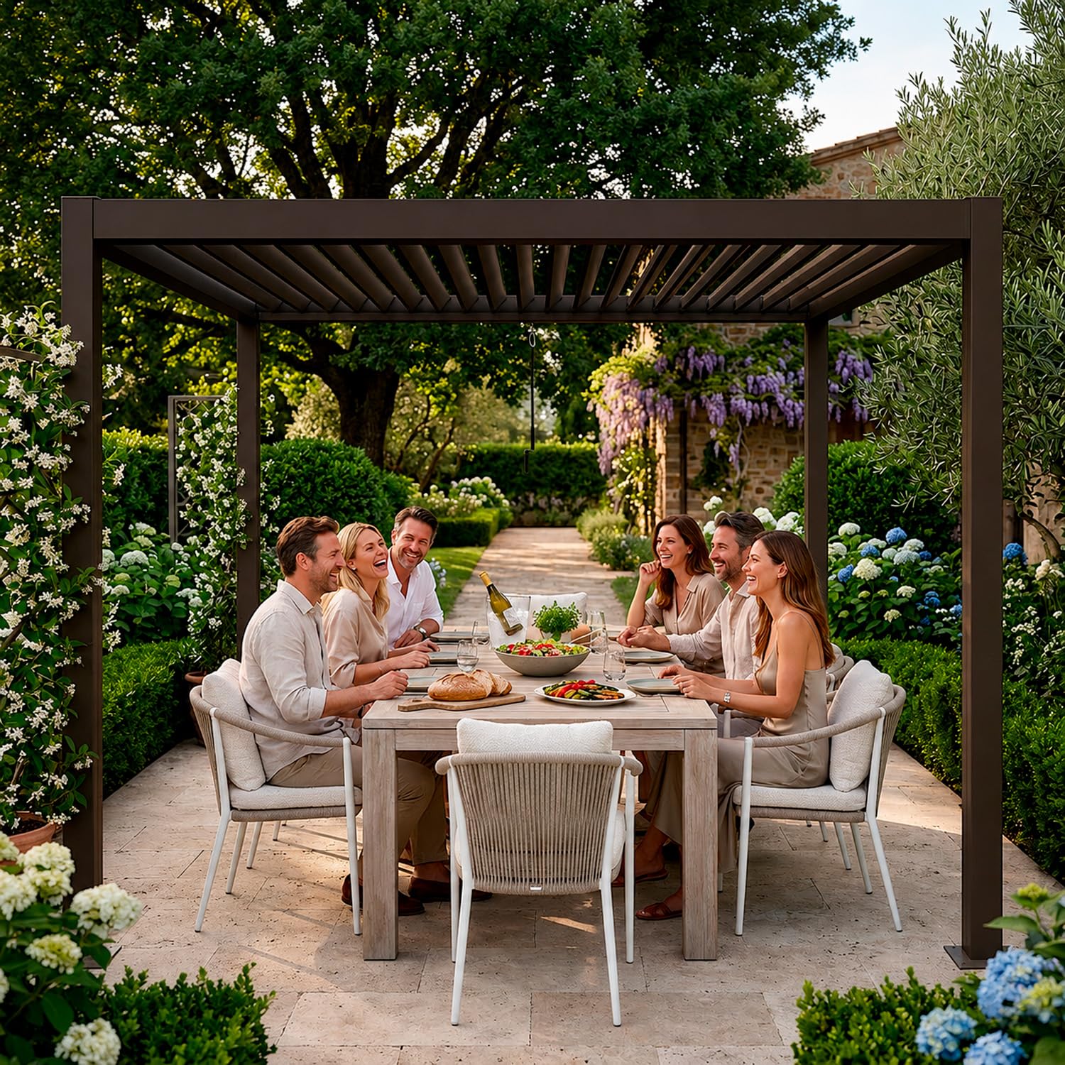 Pergola Bioclimatica 3x4 Metri Gazebo Con Copertura A Lamelle Orientabili Sistema Di Drenaggio Struttura In Alluminio E Acciaio Anti UV Per Giardino Terrazza E Piscina Marrone Opaco