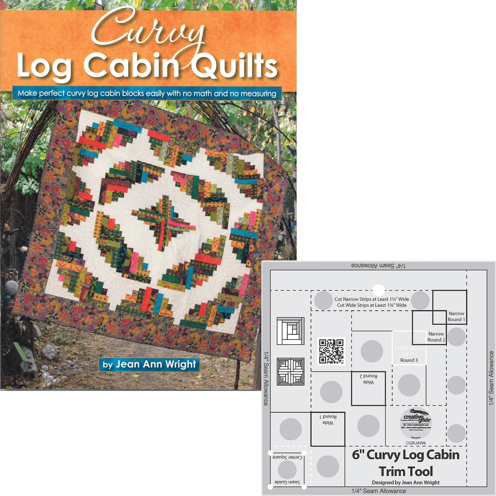 Bundles of Creative Grids Non-Slip Curvy Log Cabin Trim Tools for 6 in Finished Blocks; and Book Curvy Log Cabin Quilts by Jean Ann Wright