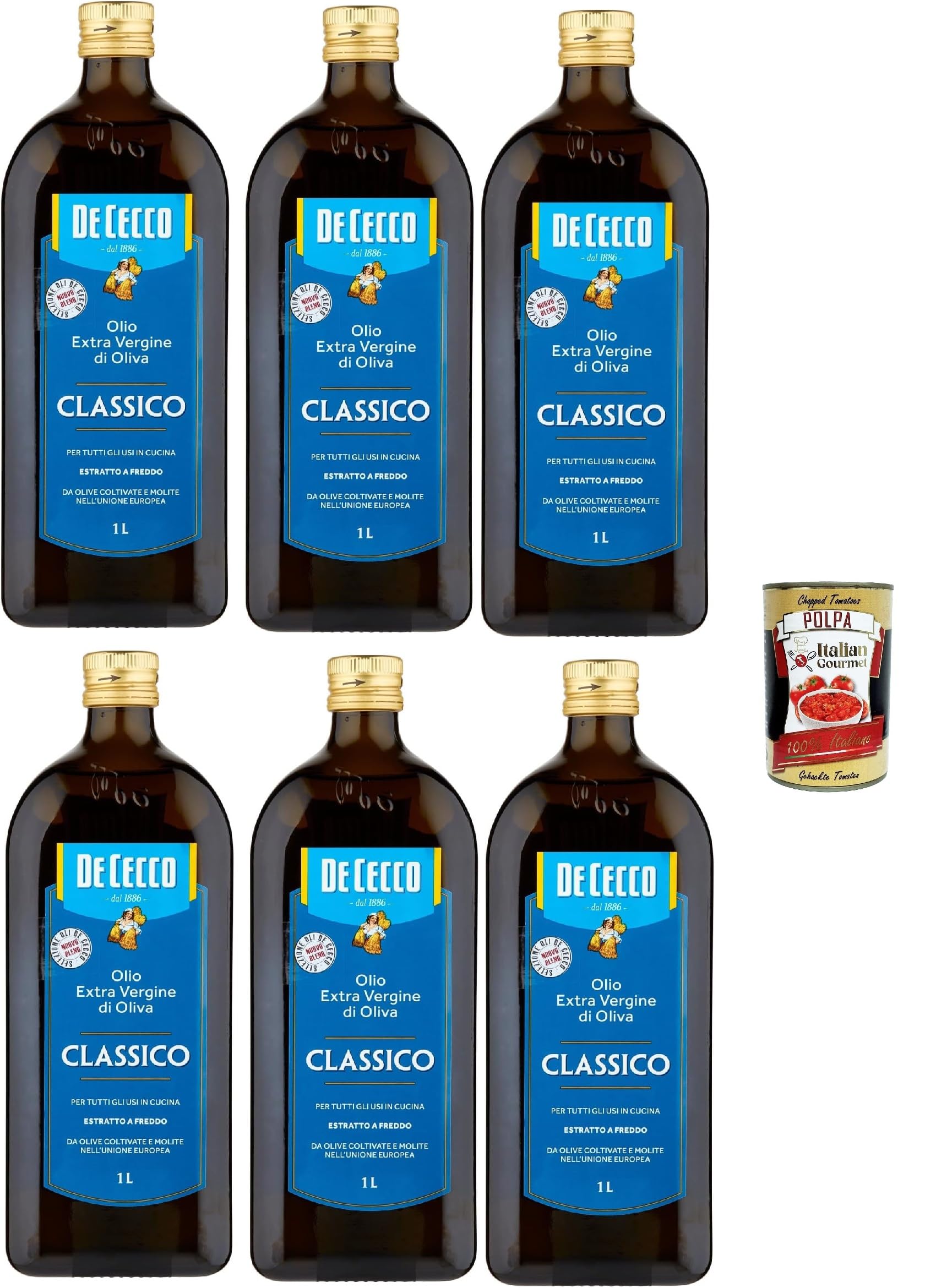 Italian Gourmet Classico olio extra vergine di oliva Olivenöl nativ 6 x 1L | Estratto a freddo, ausgewogener Geschmack für Salate, Gemüse, Fleisch und, Gesamtnettogewicht 6 L + Kostenlos Polpa 400g