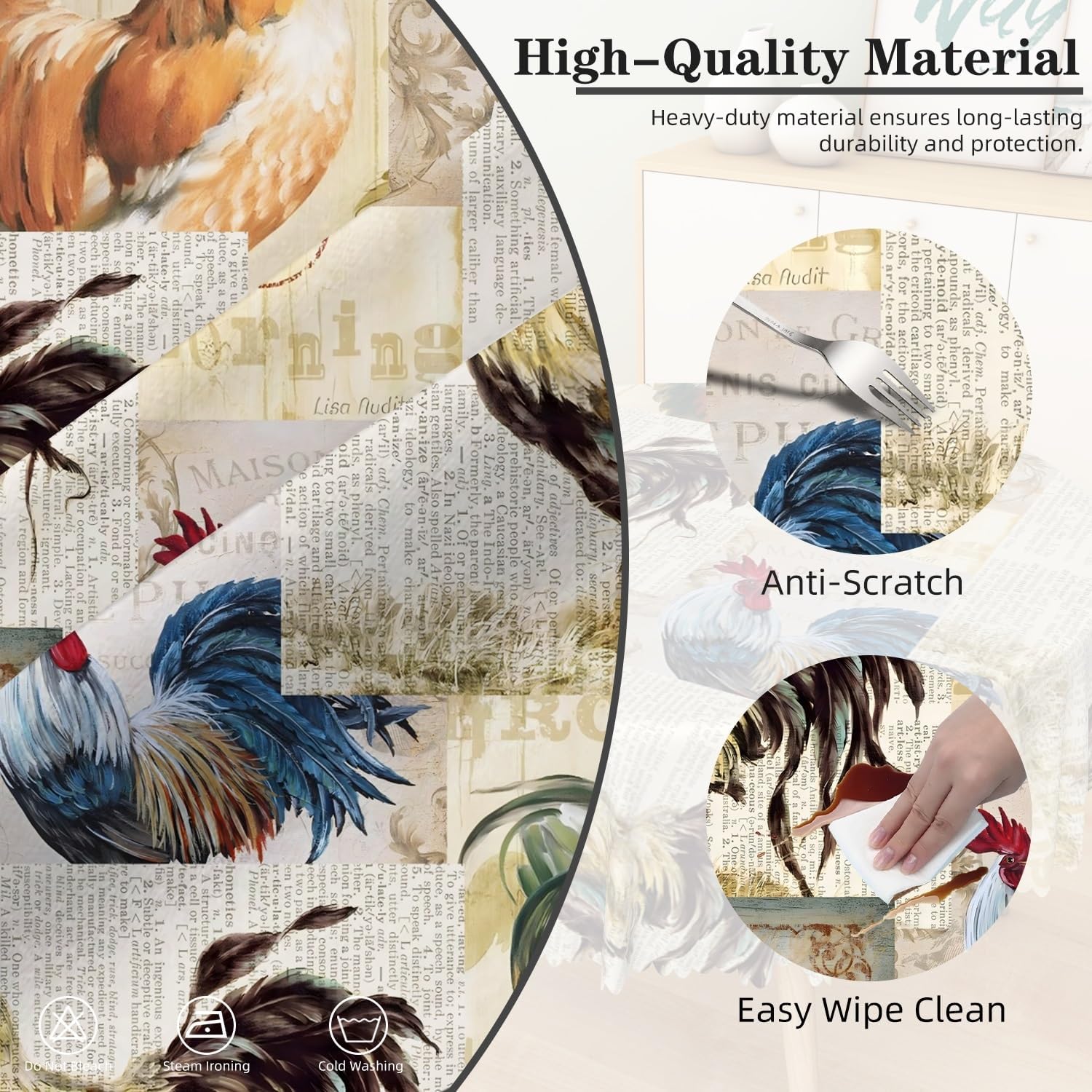 Laeacco 70 Inch Autumn Rooster Round Tablecloth Vintage Chicken Farm Table Cloth Washable Waterproof Wrinkle Free Table Cover for Thanksgiving Day Farmhouse Kitchen Dining Picnic Party Decoration