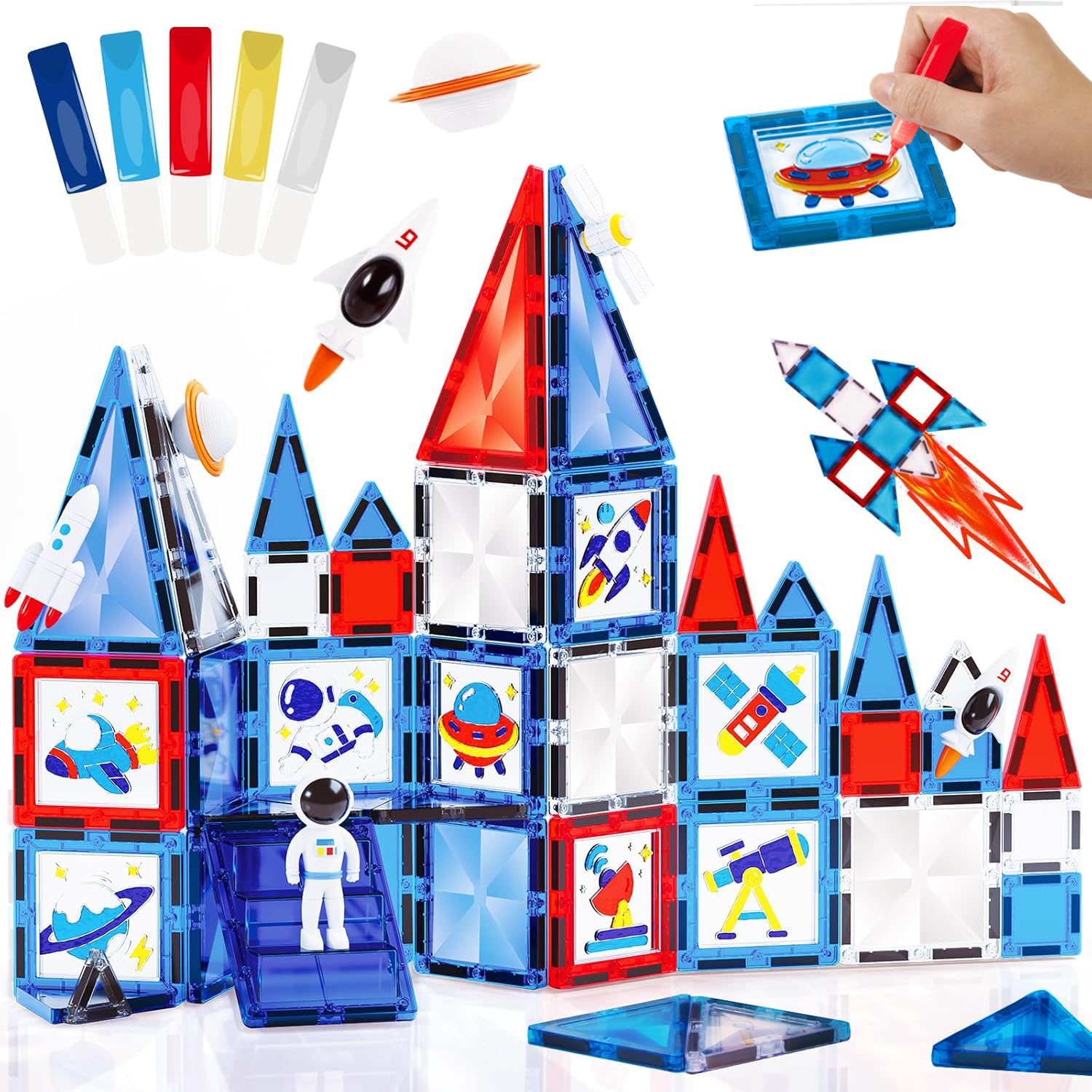 Juego de 58 azulejos magnéticos, bloques de construcción magnéticos, bloques de construcción con imágenes para ventanas y colores de gel, azulejos magnéticos 3D STEM juguetes educativos para