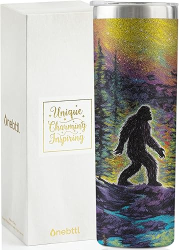 Onebttl Bigfoot Regalos para mujer, regalos Sasquatch, vaso aislado plateado con purpurina de 20 onzas, idea de regalo de pie grande de noche