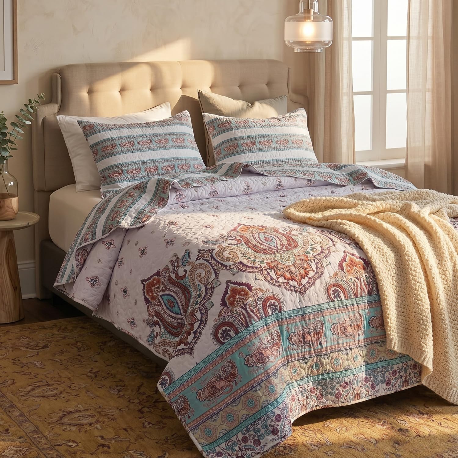 Colcha bohemia de cachemira floral multicolor azul turquesa y rojo