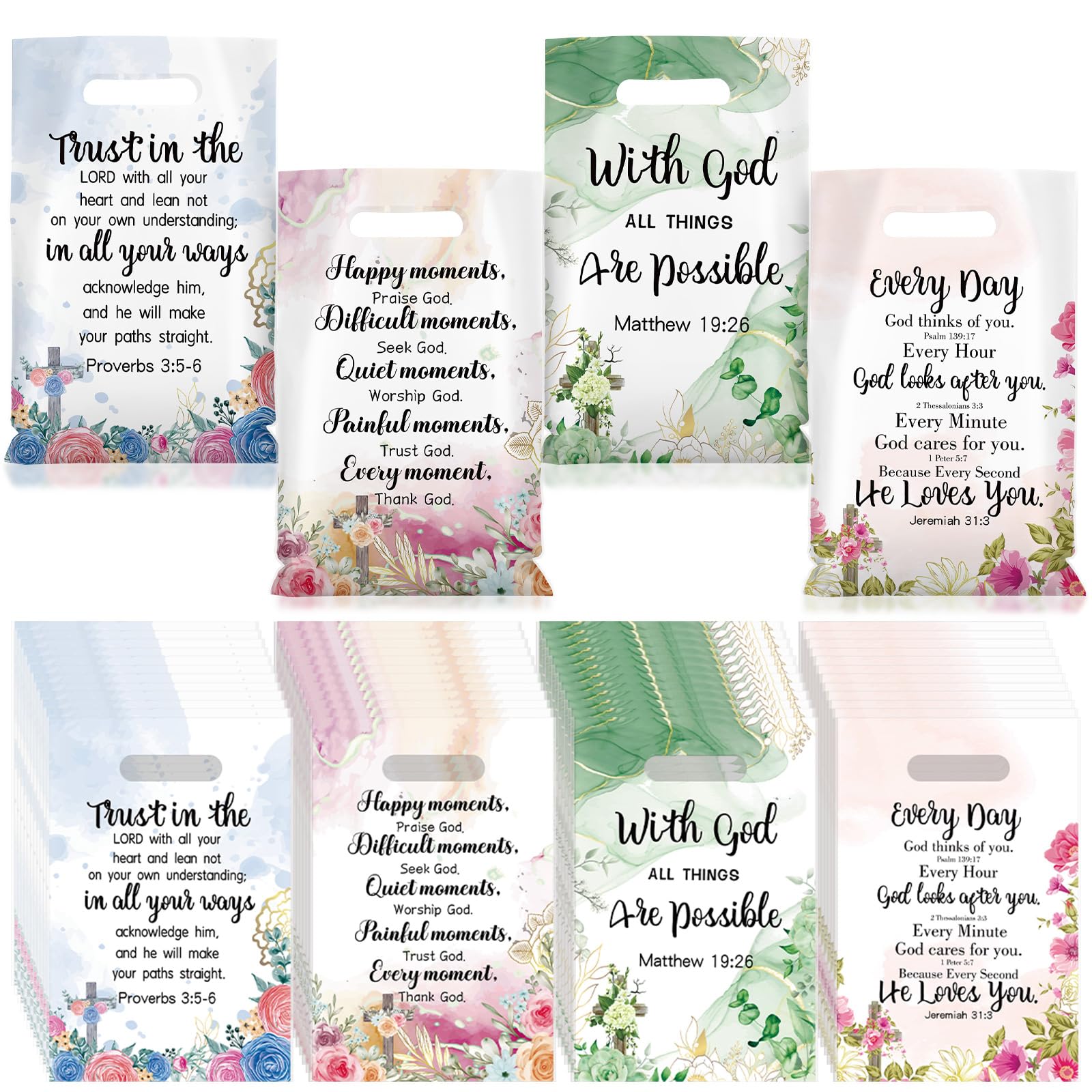 Yinder 200 Pcs Christian Gift Bags with Handles Bible Verse Plastic Bag Bulk for Mother's Day Religious Treat Sack Christian Gifts Inspirational