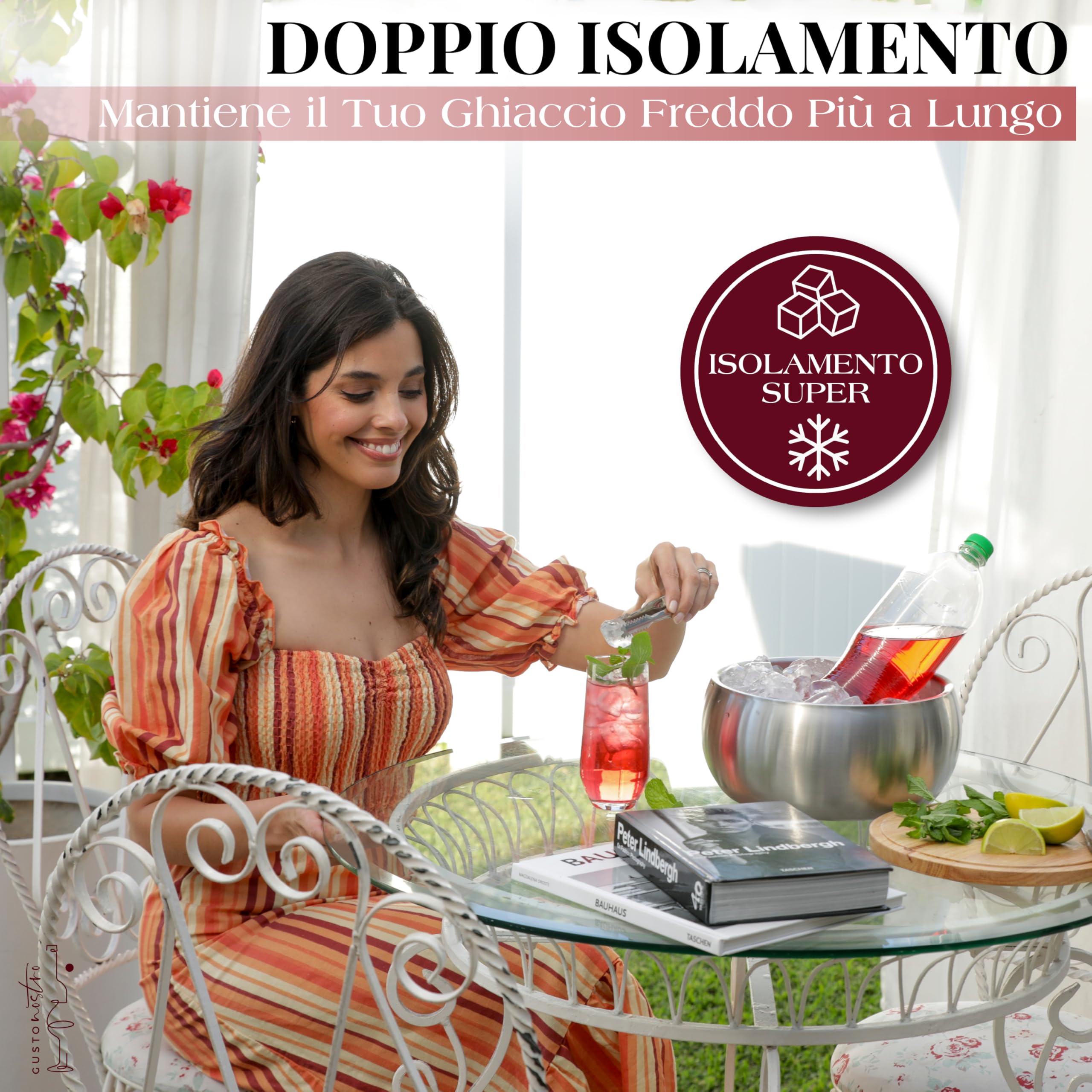 Gusto Nostro Secchiello Ghiaccio ad Isolamento Termico da 4,1L con Coperchio e Pinze, Porta Ghiaccio per Bottiglie a Doppia Parete in Acciaio Inox, Senza BPA, Extra Capienza per Champagne, Vino, Birra