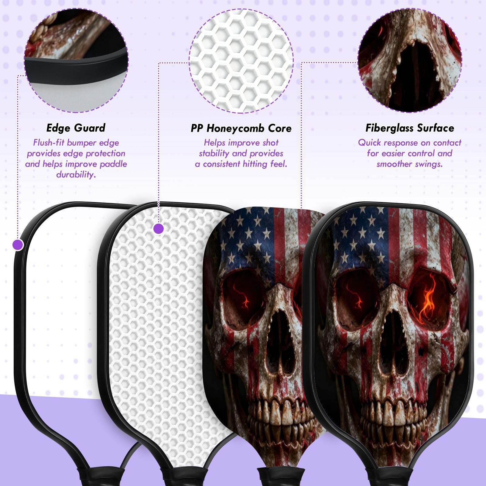 Paletas de pickleball ligeras con diseño de calavera y ojos brillantes con