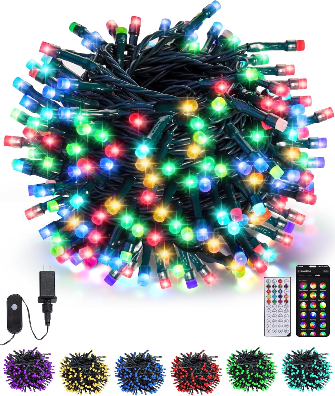 XEWEA Color Changing Christmas String Lights Outdoor, 200 LED 66 Ft Smart RGB Christmas Lights with Remote & App Controlled, Plug in Indoor Outdoor Halloween Xmas Wedding Party