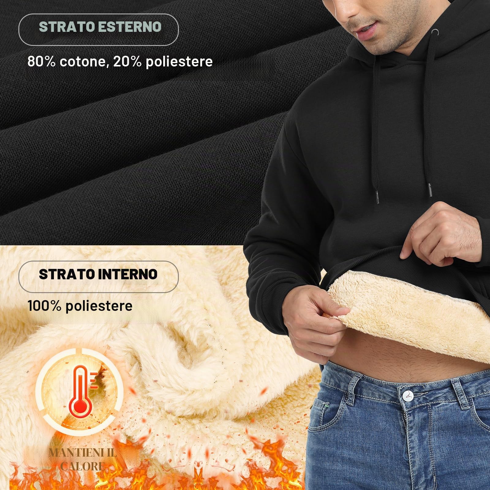 Nadeer Felpe con Cappuccio Uomo Felpa in Pile Manica Lunga Hoodies Invernale Caldo Sweatshirt Pullover con Tasche Sport Fitness
